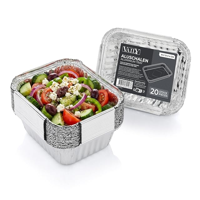 Vaily Aluminiowe tacki ociekowe, zestaw 20 sztuk – Veggie tacki aluminiowe do grilla – Akcesoria do grilla gazowego, węglowego i elektrycznego jako tacka na tłuszcz – 15 x 12 cm