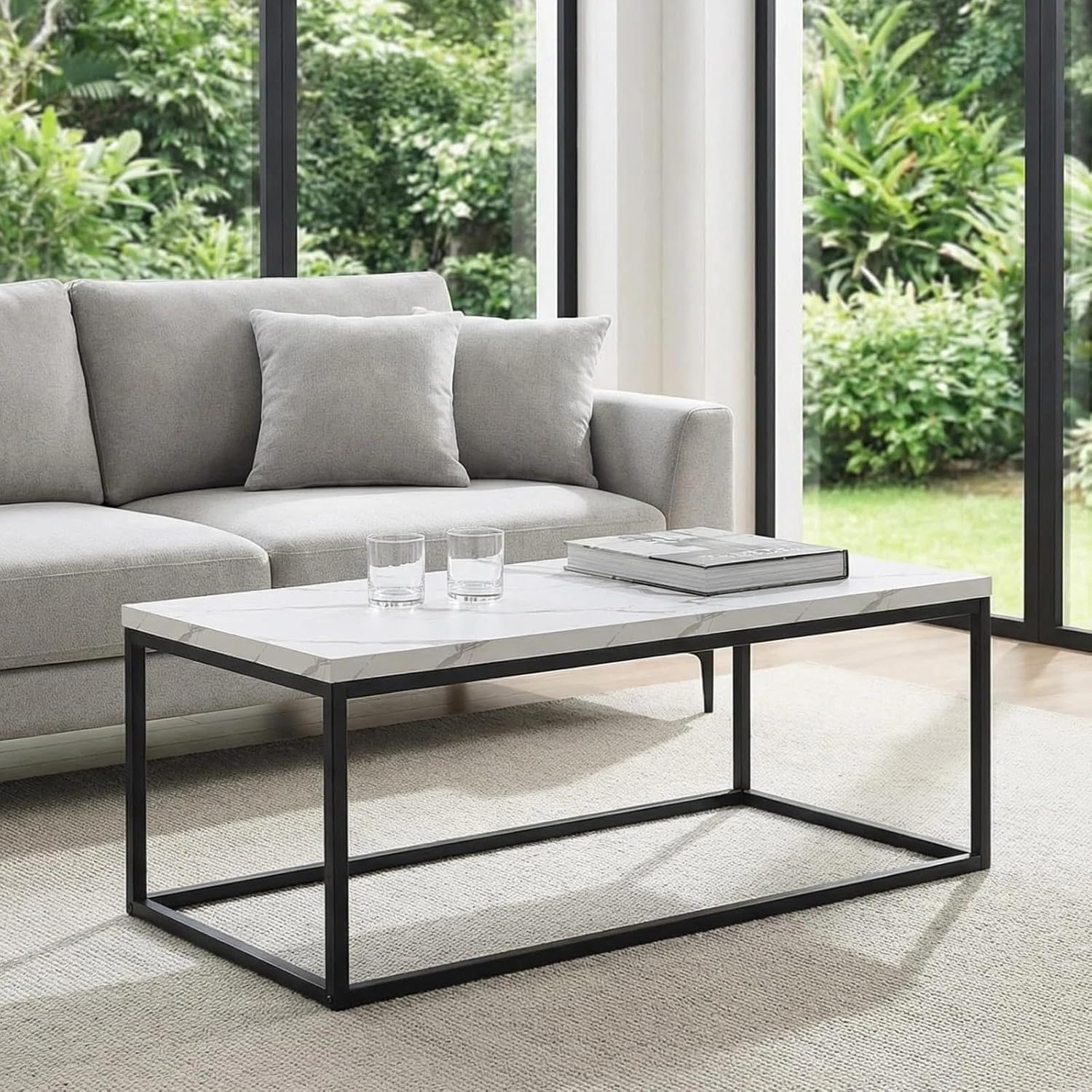 CENSI 40" White Marble Coffee Table for Living Room, Modern Rectangle Cocktail Table with Black Metal Legs, Industrial Faux Stone Center Table, Extra Thick Top, Sturdy & Easy Assembly