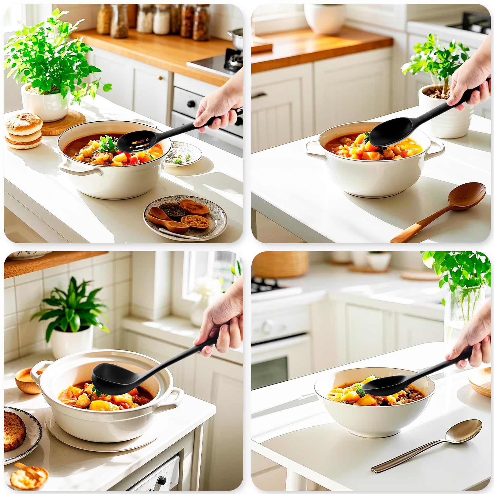 Set di utensili da cucina in silicone: MOACC resistente al calore, lunghezza 33 cm, accessori da cucina in gomma antiaderente senza BPA, per preparare alimenti, friggere, servire, imbastire (nero)