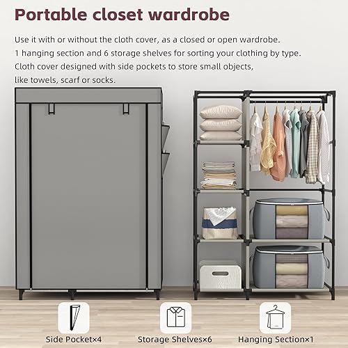 Miniatura 7 de Calmootey Armario portátil, armario con 6 estantes y barra para colgar, organizador de almacenamiento para dormitorio, funda de tela no tejida con 4