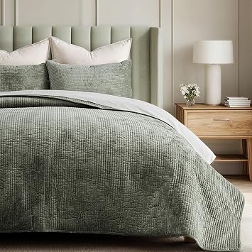 EverGrace Striped Channel Velvet Quilt Set, Queen Size, Dried Thyme Green