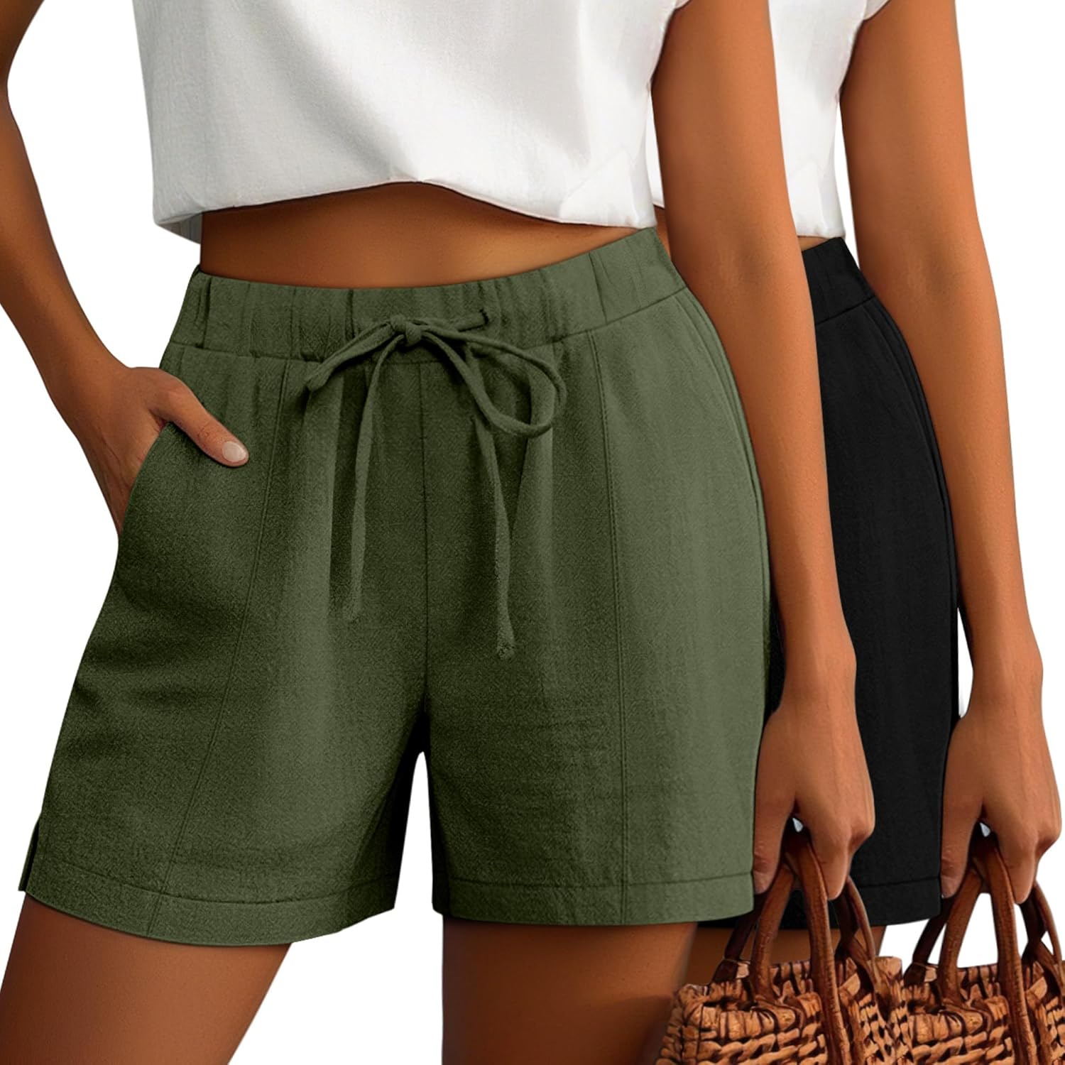 Riyiper 2 Pack Casual Linen Shorts for Women, Drawstring Elastic Waist Split Side Summer Line Comfy Lounge Short with Pocket