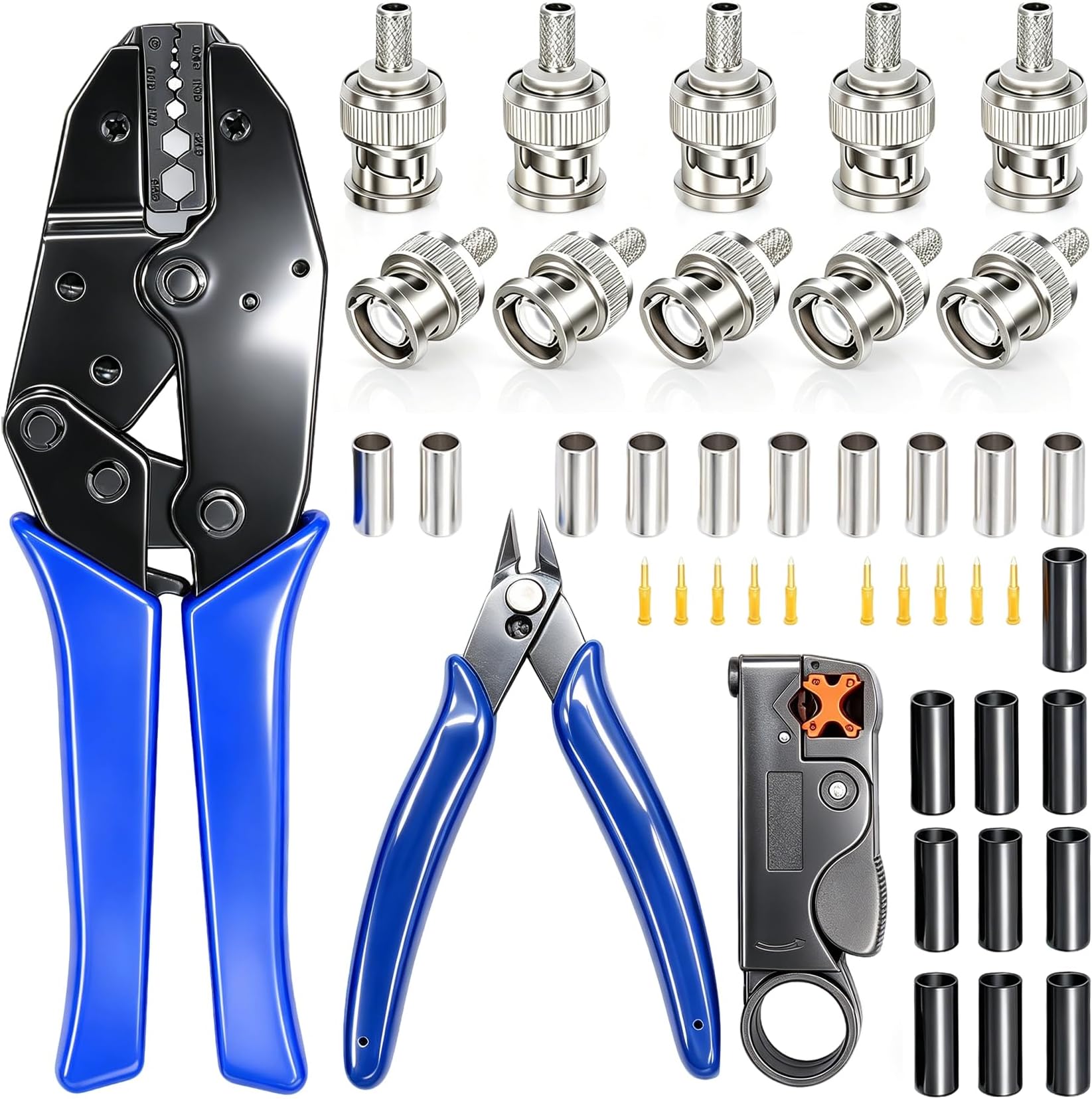 Taiss BNC Crimp Tool With 10PCS Connector, Coaxial Crimping Tool, Wire Stripper Cutter, Cable Cutter and Heat Shrink Tube for RG58/RG59/RG62/RG174