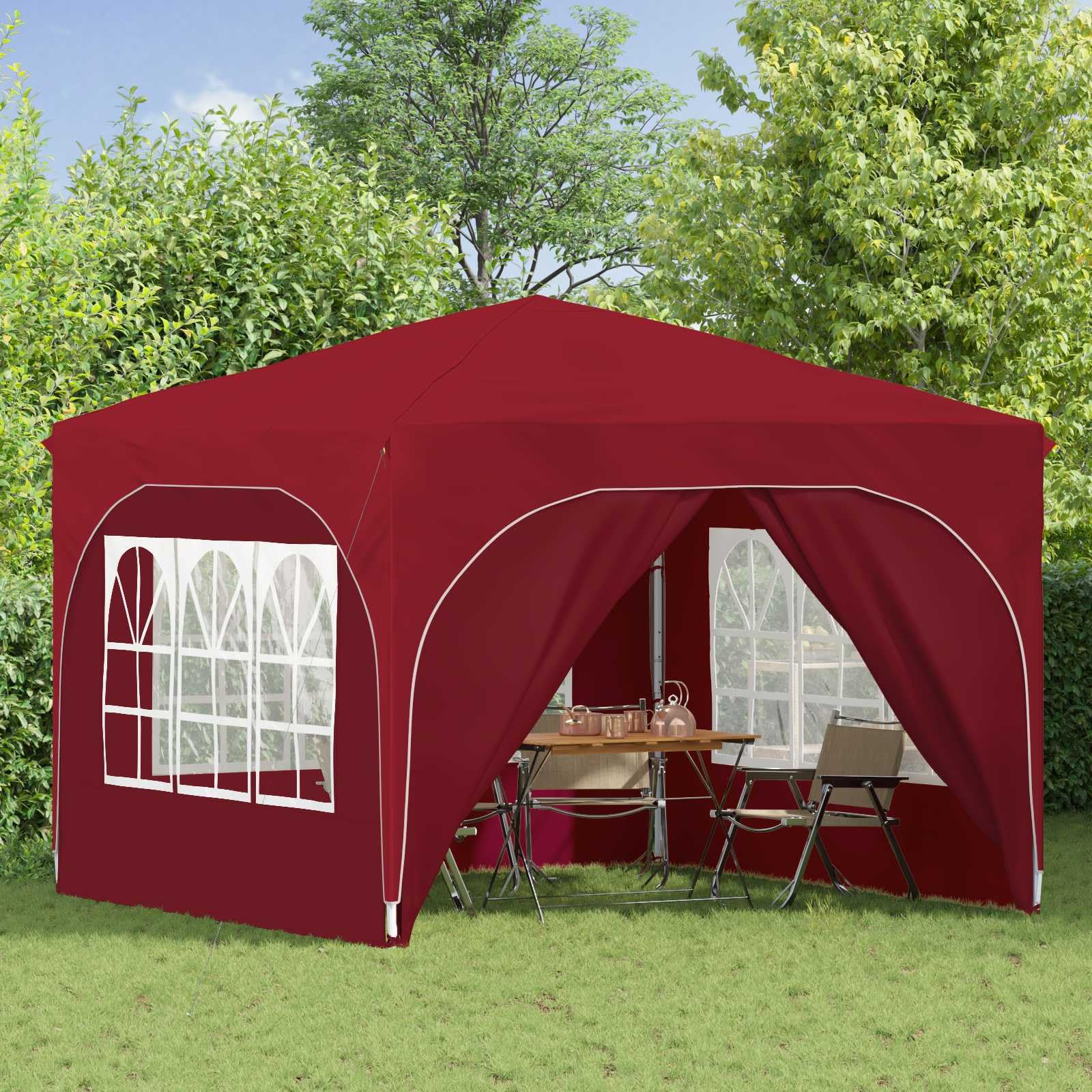 Namiot imprezowy Pop-up, bordowy, 290 x 290 x 245 cm, składany, z 4 ścianami bocznymi, ochrona przed promieniowaniem UV i deszczem, z tkaniny Oxford 210D, do ogrodu, na taras, kemping