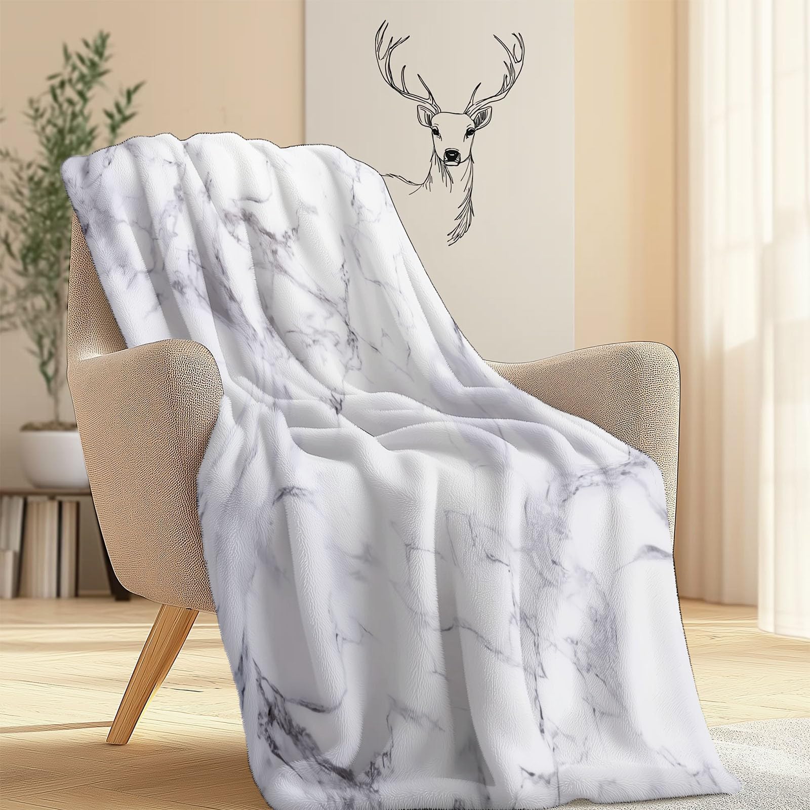 Realizm Minimalizm Marmurowy Koc z polaru flanelowego 150 x 200 cm - Biały ciepły i miękki koc z nadrukiem, dekoracyjny na sofę, fotel i narzuty