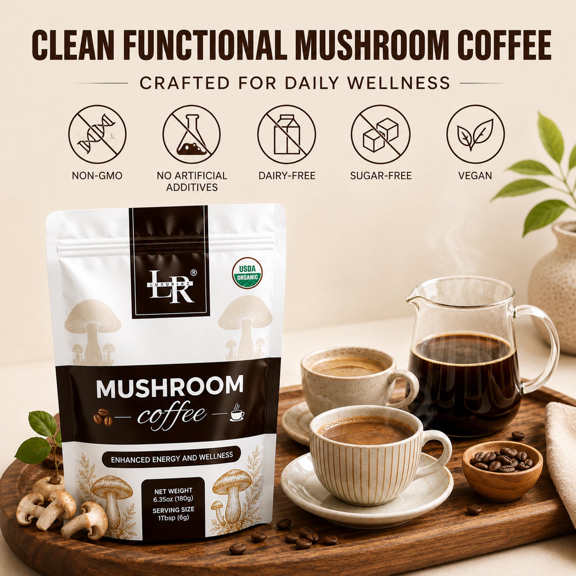 Luxuriaz Pilzkaffee, Bio 6 adaptogene Pilze (Löwenmähne, Reishi, Cordyceps, Chaga, Truthahnschwanz, Shiitake) für Immunität, Fokus und Energieunterstützung, perfekte Kaffee-Alternative, 30 Portionen