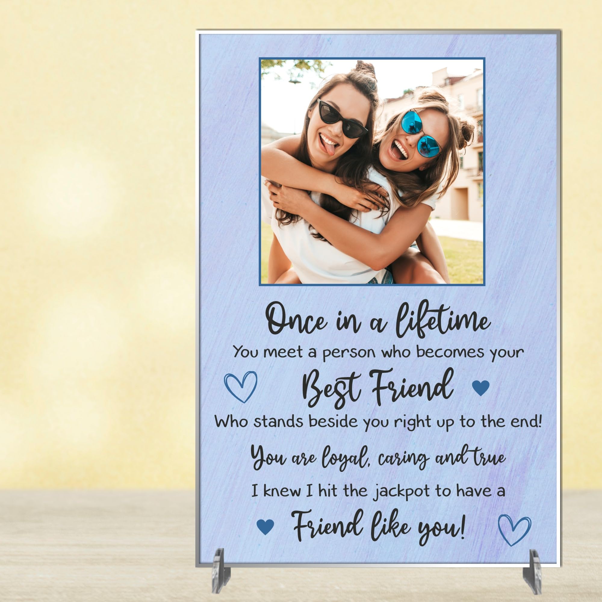 Personalised Best Friend Freestanding Table Photo Plaque for Friends – Once in a Lifetime Quote Design with Photo for Friendship Desk or Shelf Keepsake Gifts (Lilac, Acrylic - A5-21cm x 14cm)