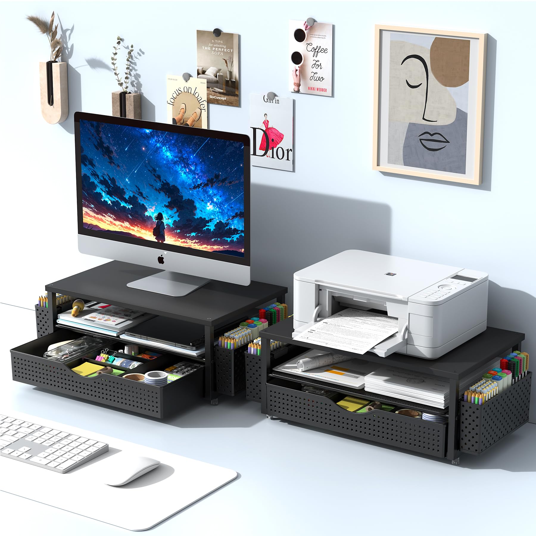 Organizador de escritorio y accesorios, soporte elevador para monitor de computadora con cajón y 2 soportes para bolígrafos, accesorios de escritorio de oficina y organizadores de espacio de trabajo 7