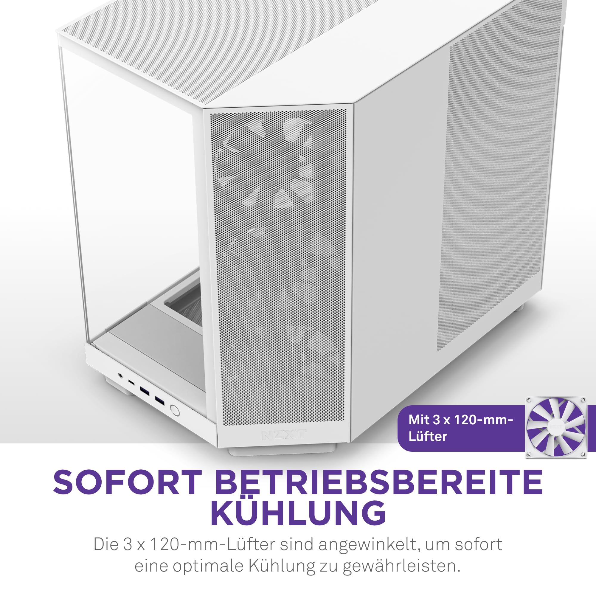 NZXT H6 Flow, CC-H61FW-01, Kompaktes Mid, Tower Gehäuse mit Zwei Kammern, Glaspaneele mit Panoramablick, Hochleistungs,Airflow,Panels, Inklusive 3 x 120 mm Lüfter, Weiß