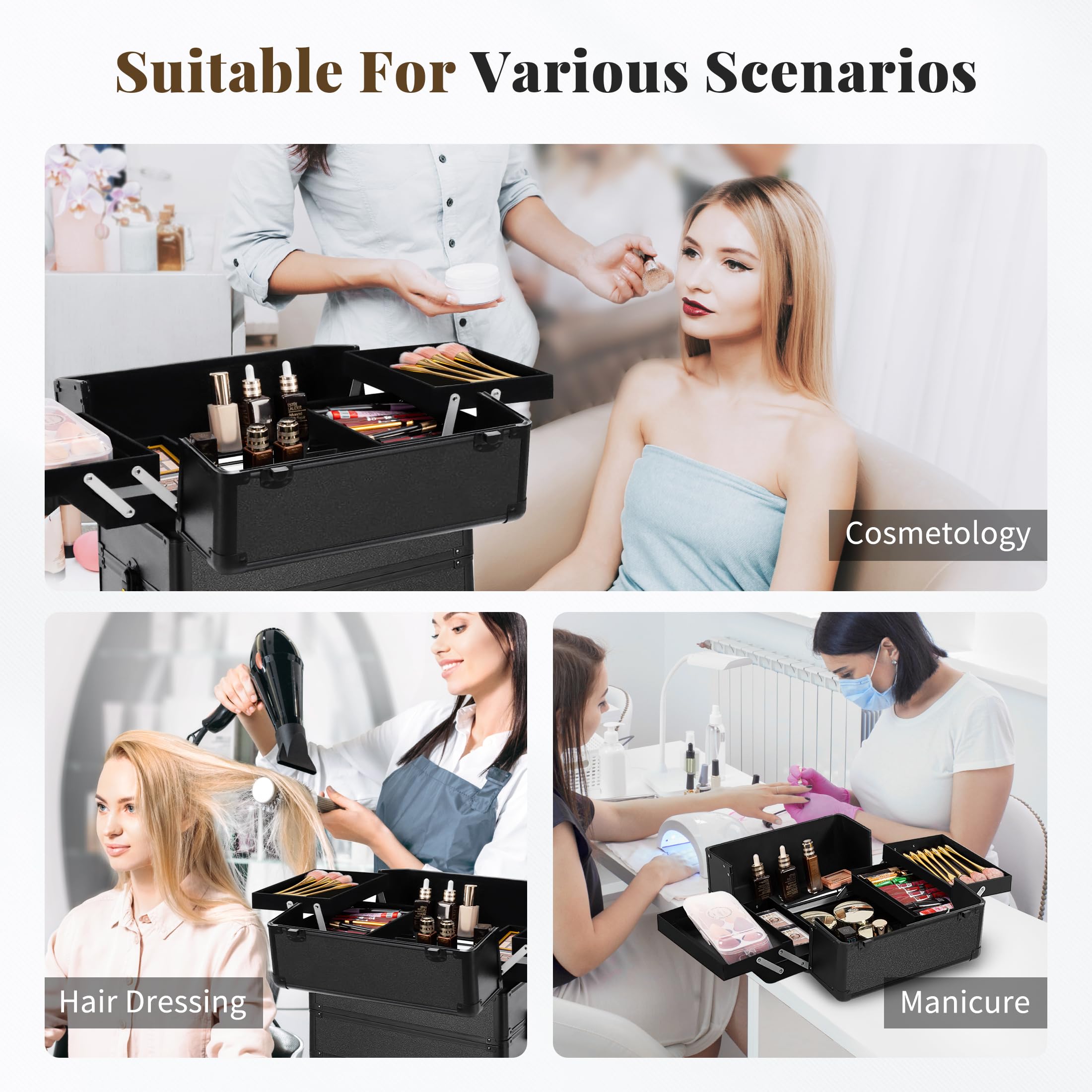 JINGUAN Profesional Rolling Makeup Train Case with Lid, 5 in 1 Cosmetology Case on Wheels, Large Cosmetic Trolley Organizer Travel for Hairstylist Artist Nail Beauty Salon Barber, Gravel Purple: Black 5 in 1