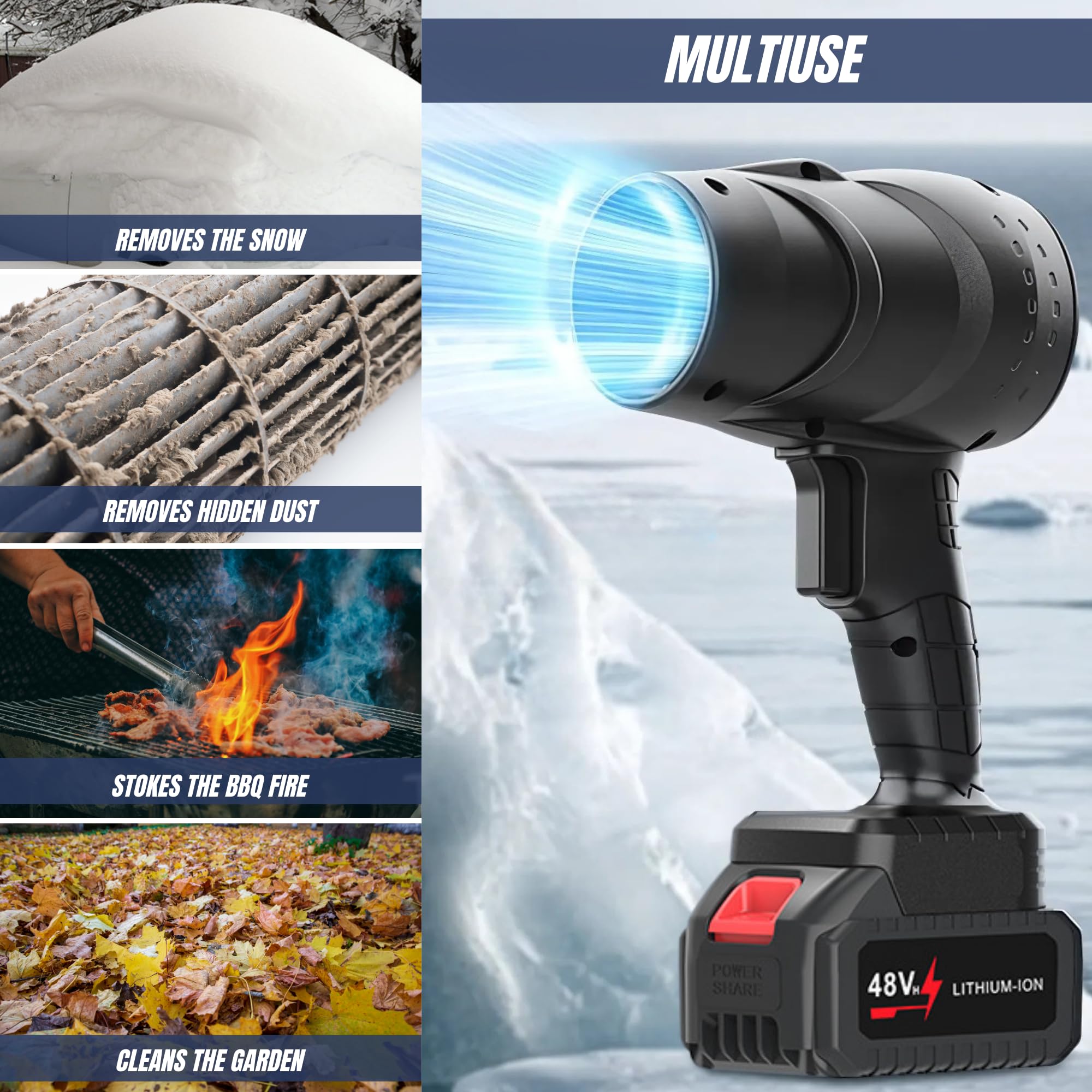 Soplador de Chorro Turbo. Soplador Turbo Jet, 130000 RPM. Plumero de Aire Inalámbrico. Mini Soplador de Hojas. 1050 W. Incluye 2 Baterías de 48V. para Limpiar Jardín, Nieve, Polvo, Etc.