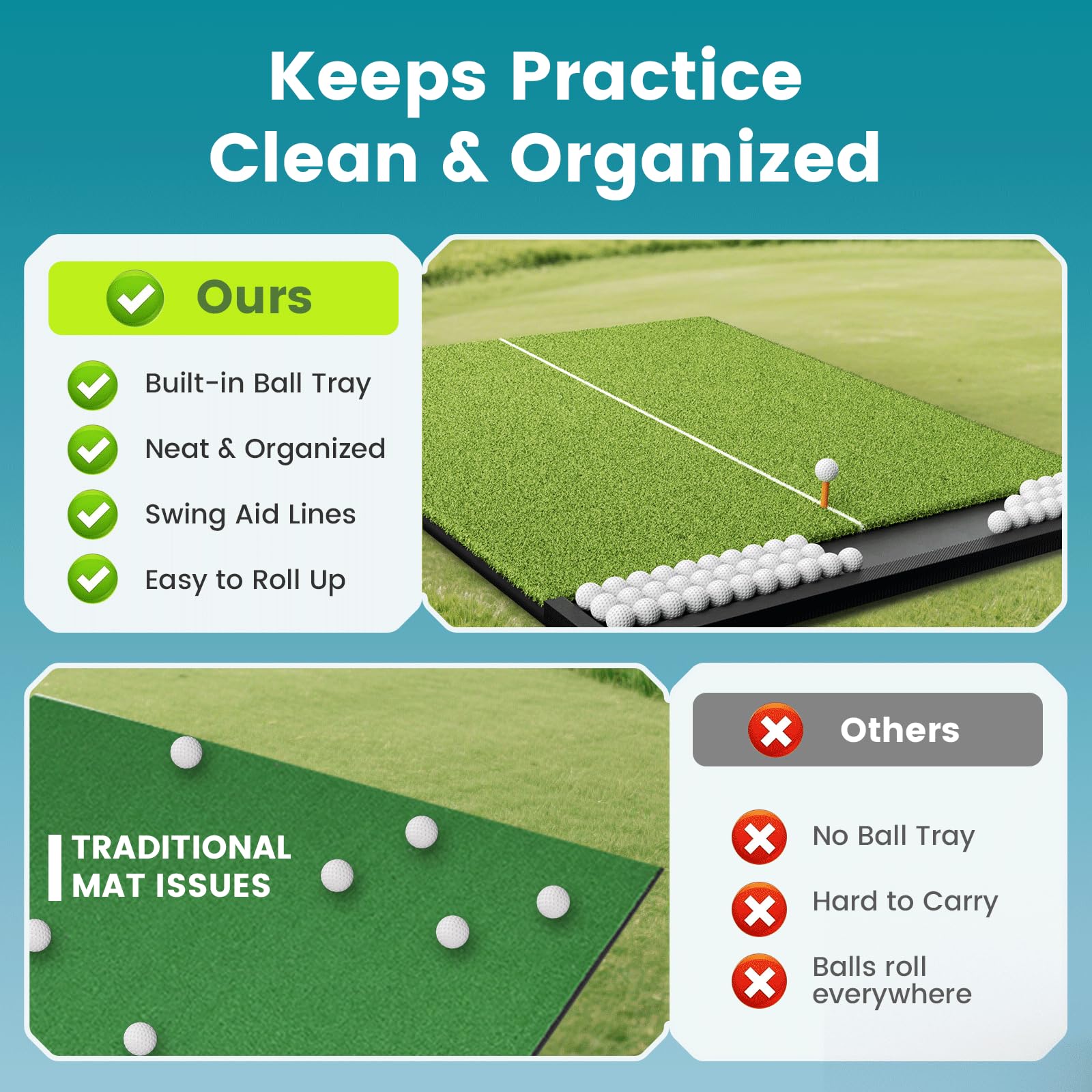 Golfpar Golf Hitting Mat with Built-in Ball Tray & Alignment Line – 26mm Thickness, Indoor Outdoor Golf Practice Mat with EVA Foam Base, Durable Turf, and 3 Rubber Tees for Backyard or Garage
