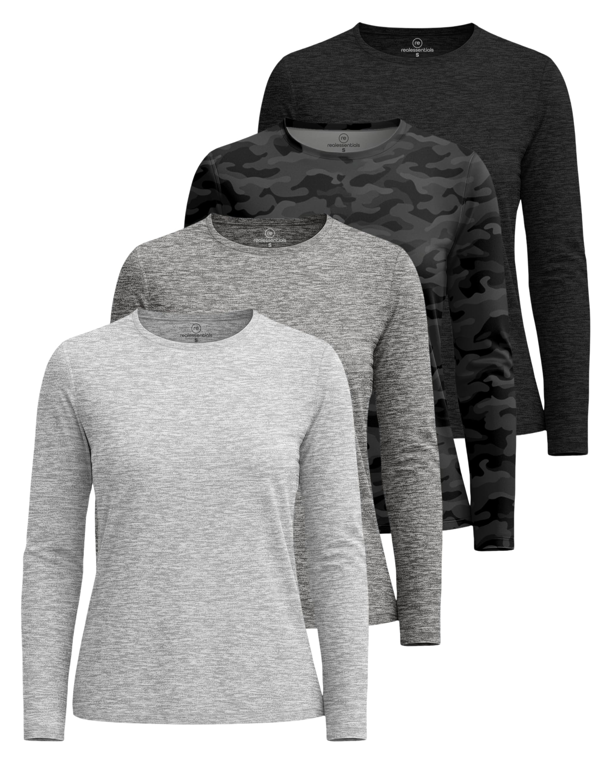 Real Essentials 4 Pack: Women's UPF 50+ Quick Dry Fit Sun Shirts Long Sleeve UV SPF Hiking Top Outdoor (Available in Plus)
