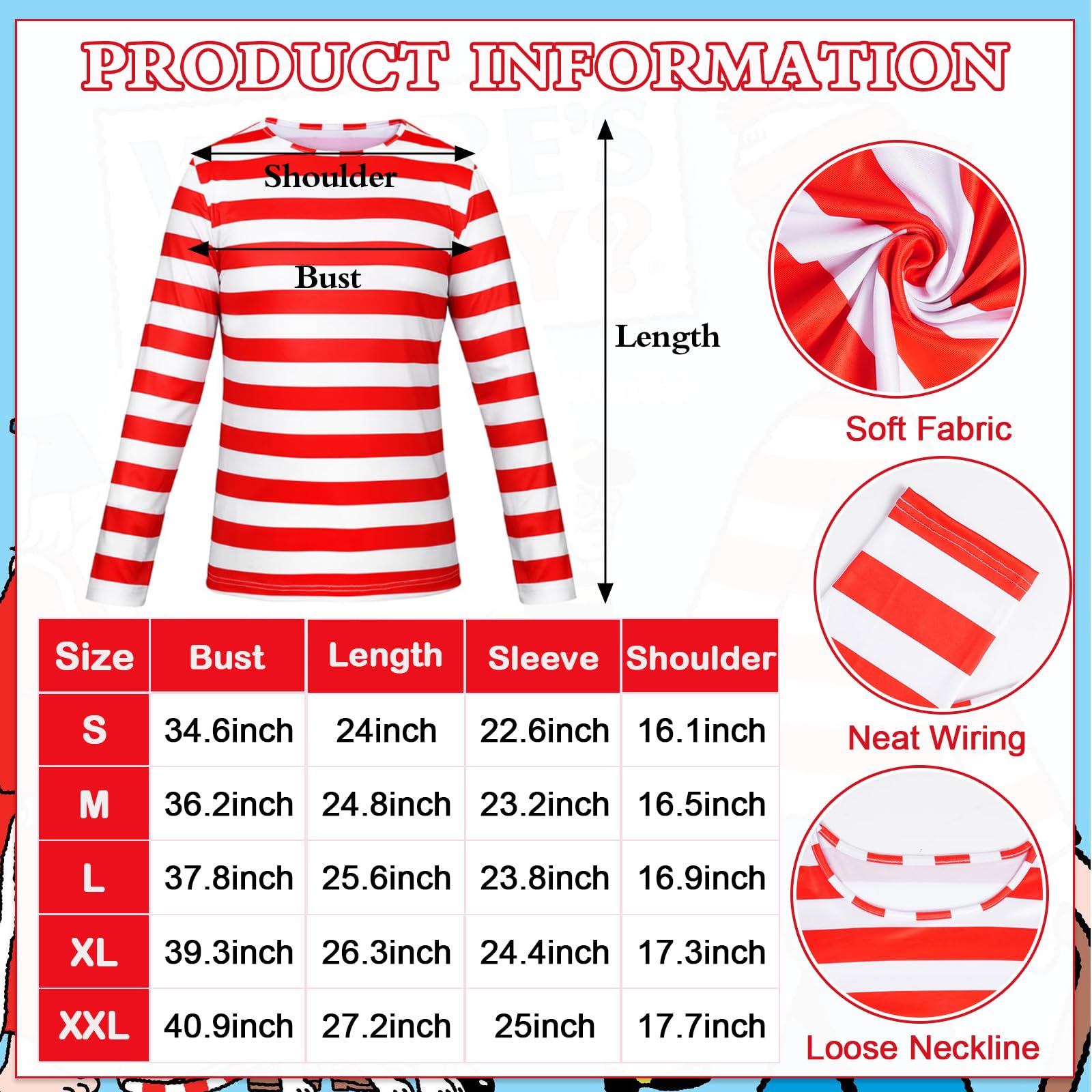 UxClishe Wally Costume Set for Adult Red and White Striped Accessories Set Wally Character Cosplay Costume Book Week Fancy Dress with T-shirt Beanie Hat Glasses Scarf for Halloween Dress Up-Women S - Image 2