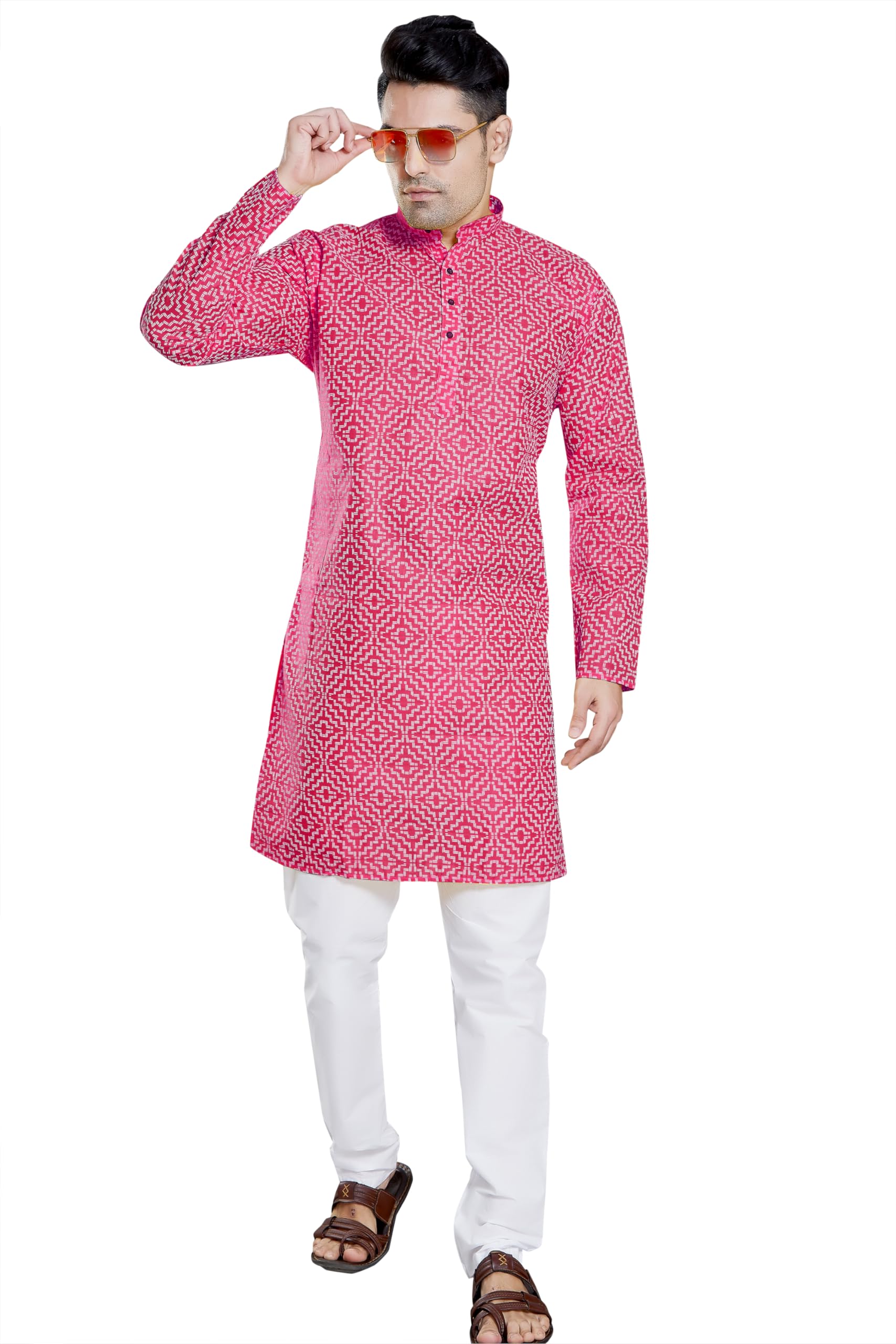 Divisive Men's Khaddi Printed Cotton Blend Slim Fit Kurta Pyjama Set (Dkrt98_S_Fuchsia)