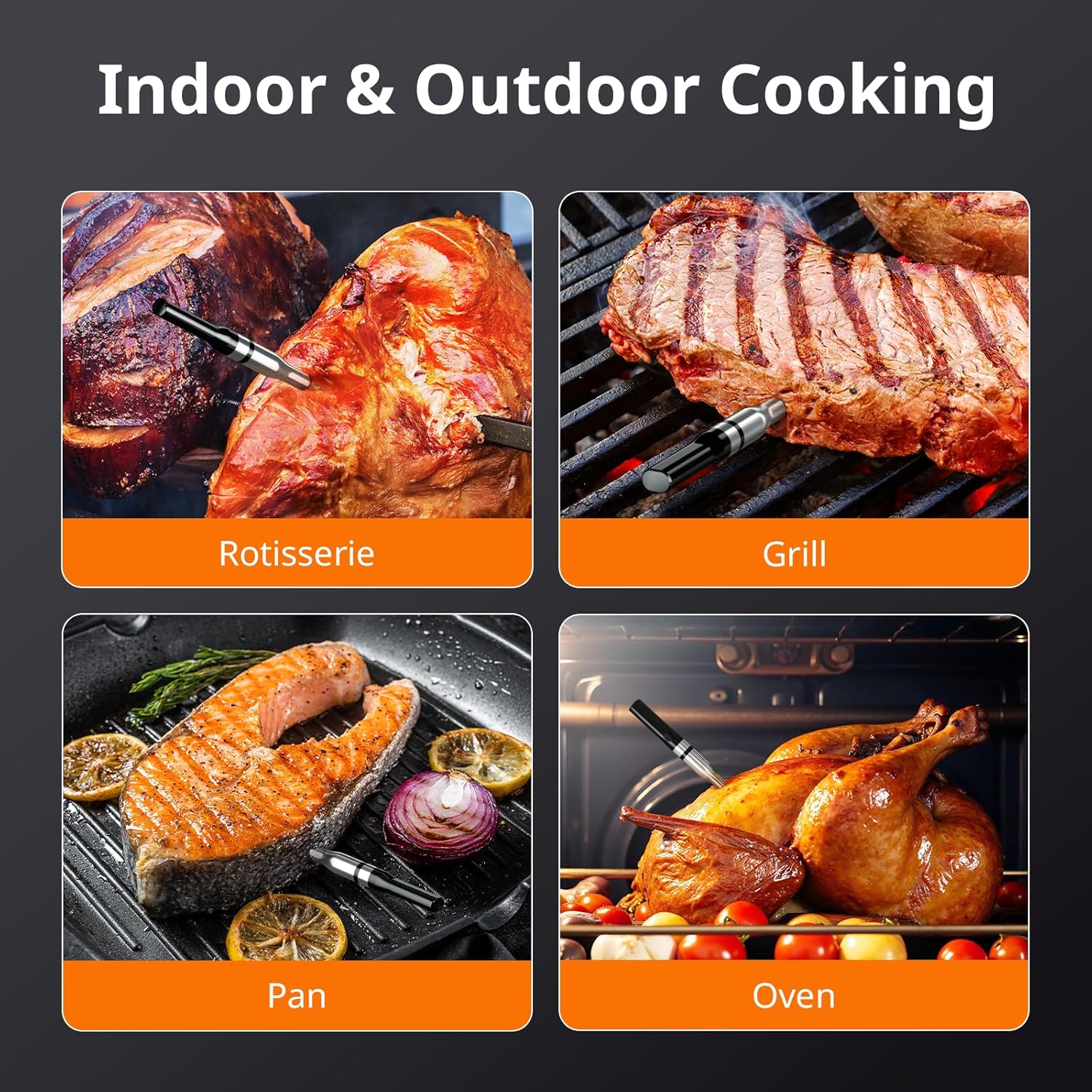 Collage of images showing the thermometer being used in various cooking environments: rotisserie, grill, pan, and oven.
