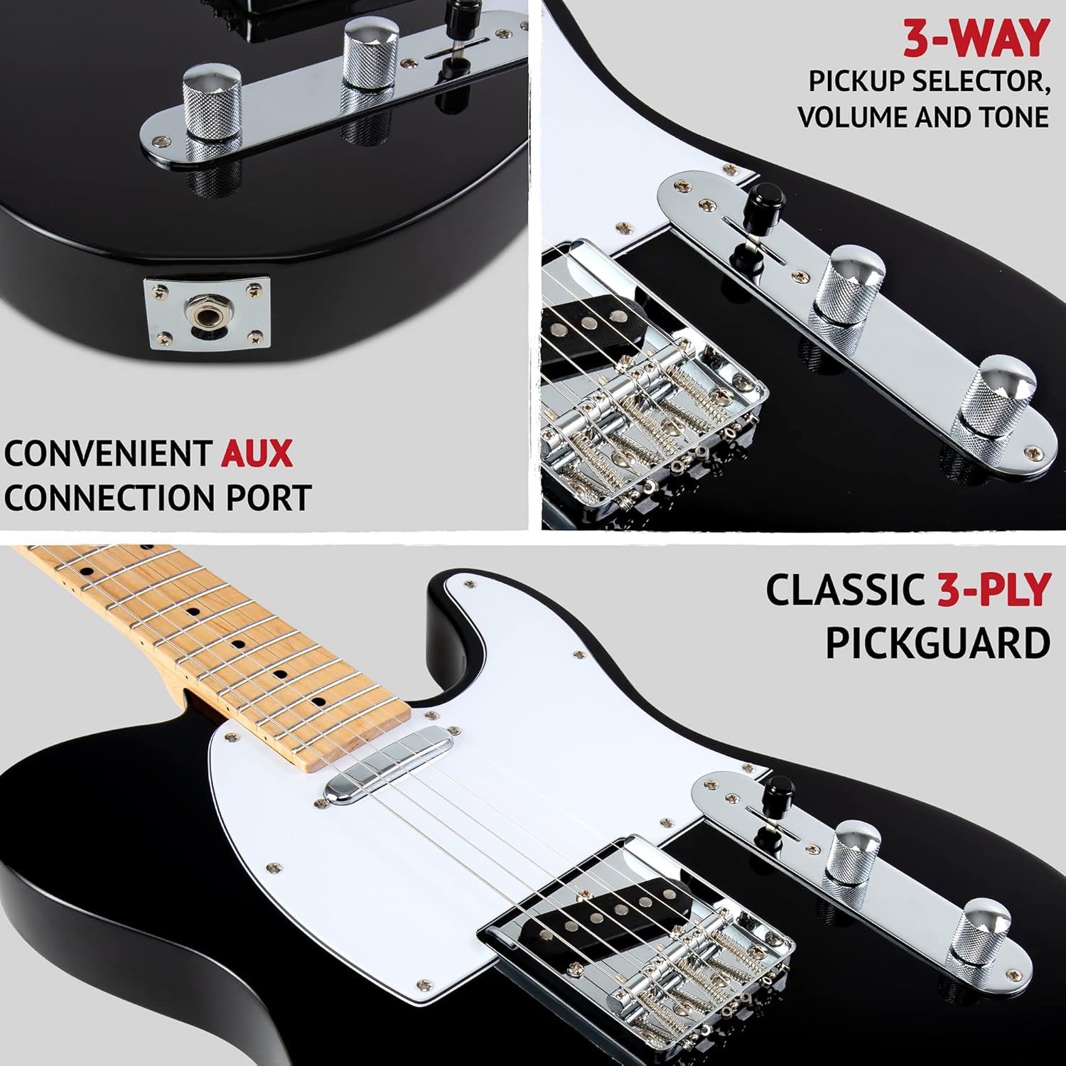 LyxPro 39” Electric Guitar TL Series, Full-Size Paulownia Wood Body, 3-Ply Pickguard, C-Shape Neck, Ashtray Bridge, Quality Gear Tuners, 3-Way Switch & Volume/Tone Controls, 2 Picks Included, Black