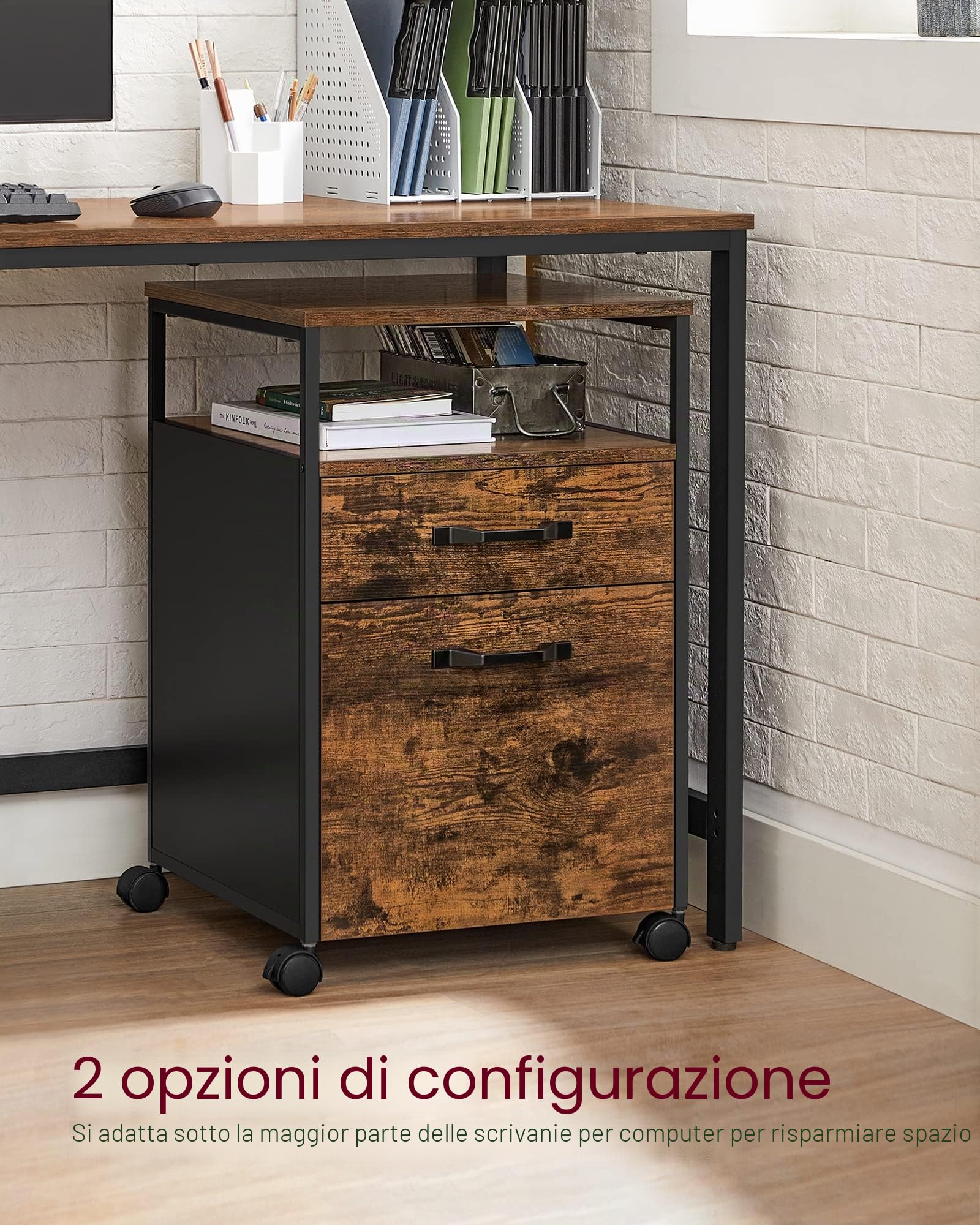 VASAGLE Schedario con 2 Cassetti, Mobile per Ufficio con Ruote, Ripiano Aperto, Struttura in Acciaio, Stile Industriale, Marrone Vintage e Nero Inchiostro OFC71X