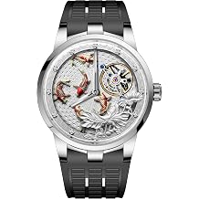 Haofa Carrousel Flywheel Watch for Men 3D Carving Koi Mechanical Manual Watch Double Movement Diamond-Studded Business Hand-Winding Mens Watch Carp Lotus Watch 1951