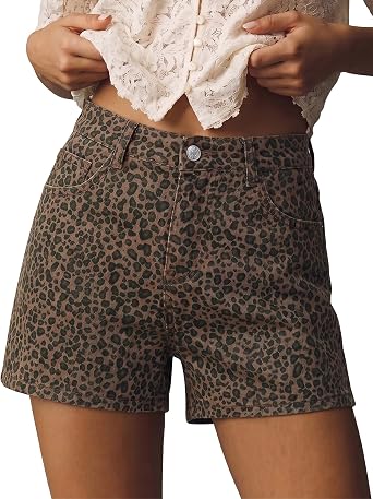 luvamia Jean Shorts for Women Trendy High Waisted Cheetah Leopard Animal Print Stretchy Denim Shorts Summer Casual Jorts