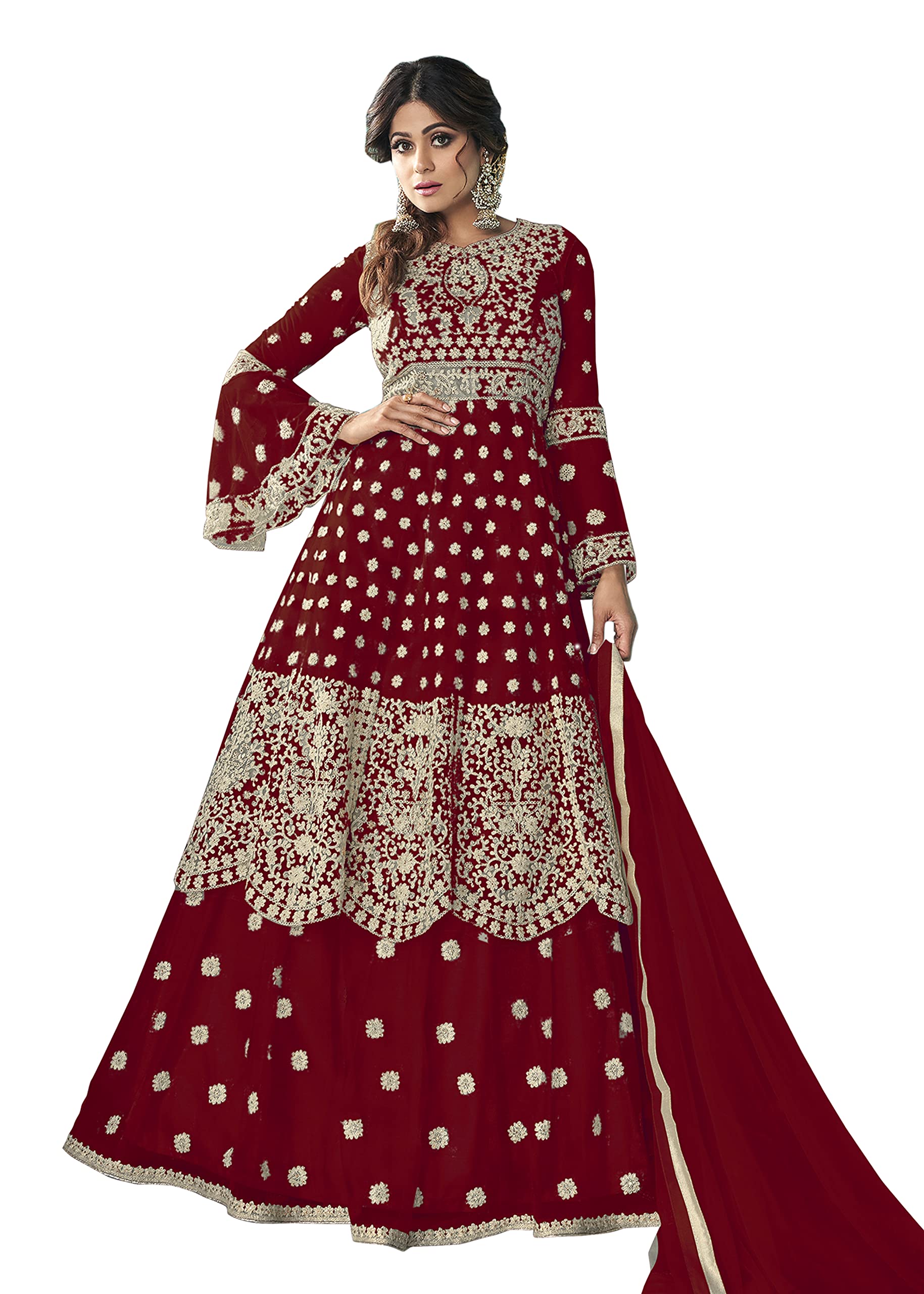 Uday EnterpriseWomen Faux georgette With Soft Silk Semi stitched Embroidery and Sequence Work Purple Color Designer Gown