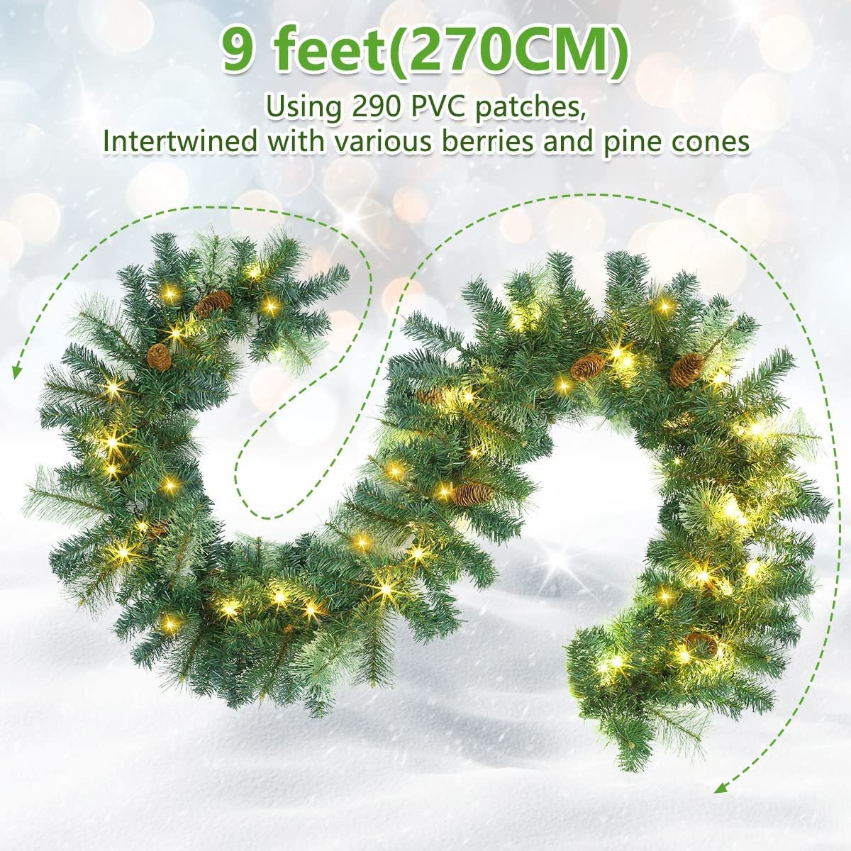 OLOTU Realistico Ghirlanda Natalizia in Rattan Misto con Aghi di Pino Decorazioni Natalizie in Rattan con luci Ghirlanda Natalizia per Feste di Natale a casa Fatto a Mano