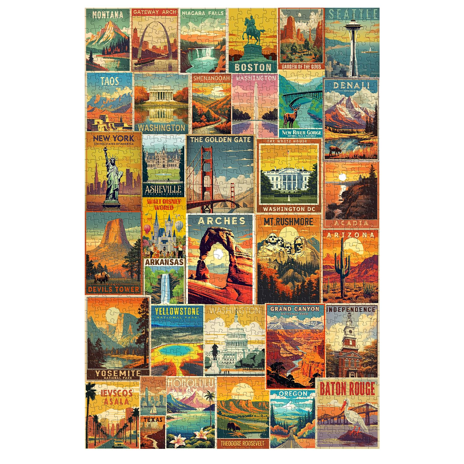 Vintage United States Travel Puzzles for Adults 1000 Pieces, American Landscape Collage Jigsaw Puzzle Including 35 Landmarks Posters,Retro Nature Scenic Puzzle Yosemite National Park Statue of Liberty