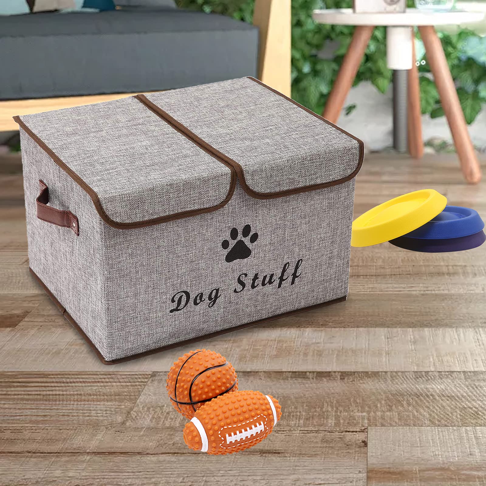 Pethiy Große Leinenstoff Aufbewahrungsbox mit deckel für Hunde Zubehör-Faltbare Doppelgitter Aufbewahrungskorb mit Griffen,für hundespielzeug Hundebekleidung-43 x 31 x 26 cm (Grau)