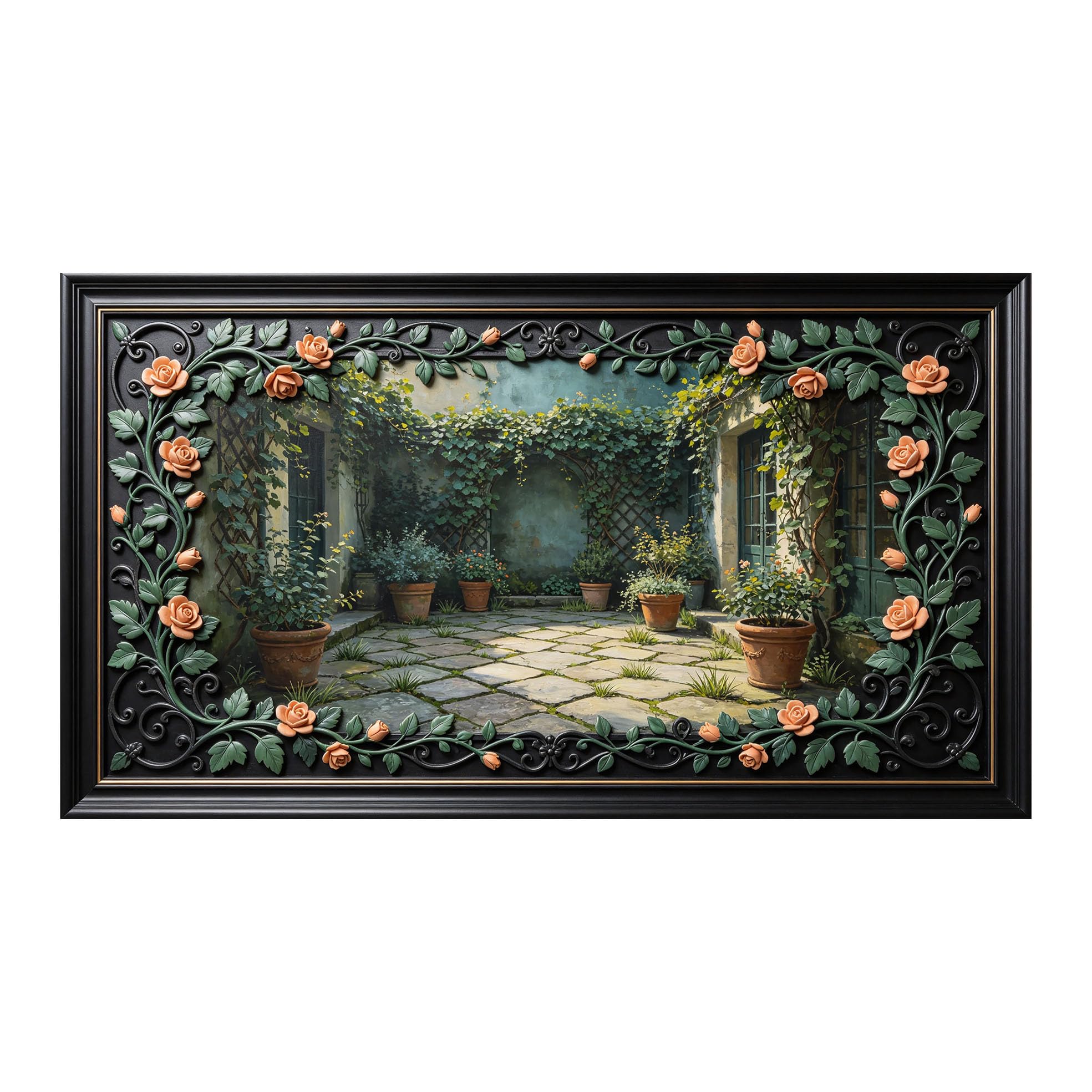 Murasolite 3D Framed Wall Art European Classic Courtyard Garden Landscape Oil Painting SelfAdhesive Fabric Mural Wall Decor,No Damage to Wall,AntiFall Safe Design for Bedroom Living Room