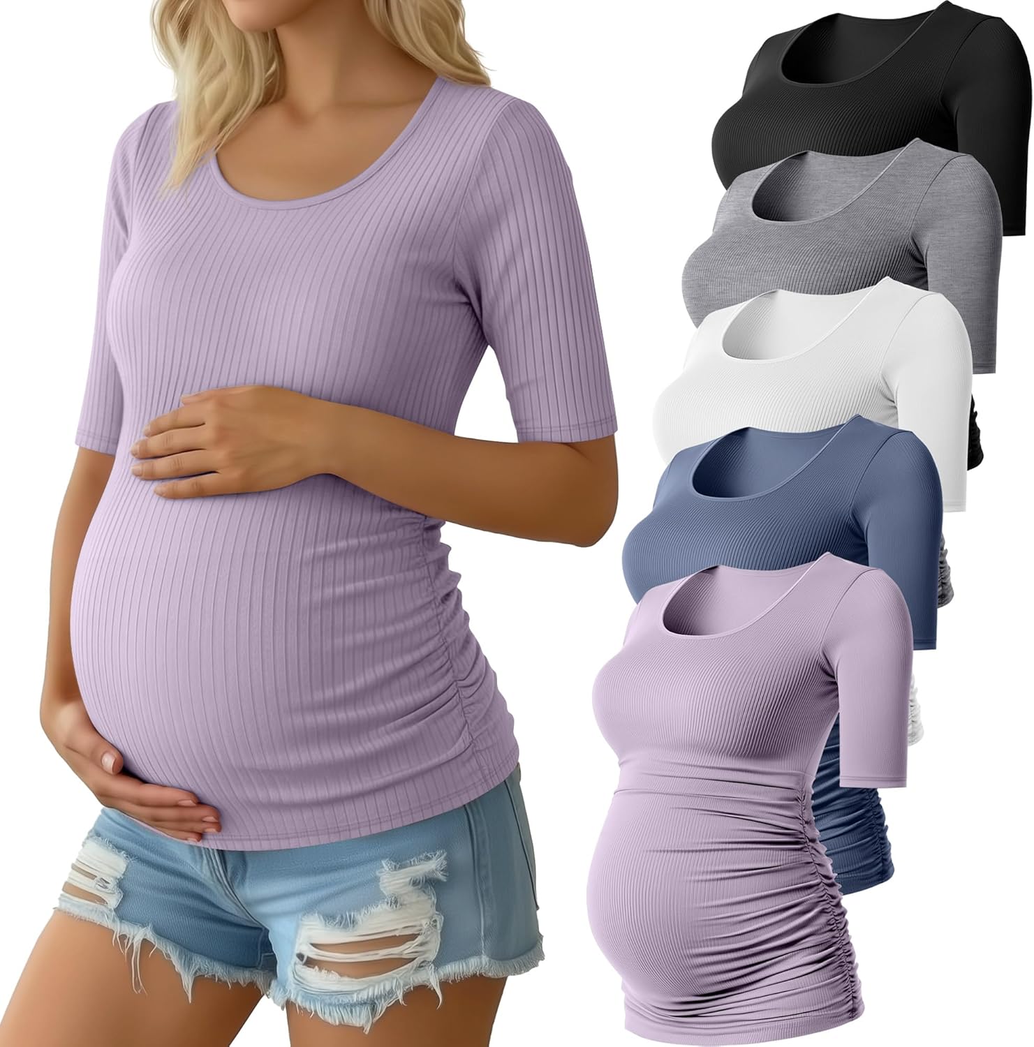 5 Pack Women's Cotton Ribbed Maternity Shirts Bulk, Half Sleeve Scoop Neck Multipack Side Ruched Pregnancy Tees