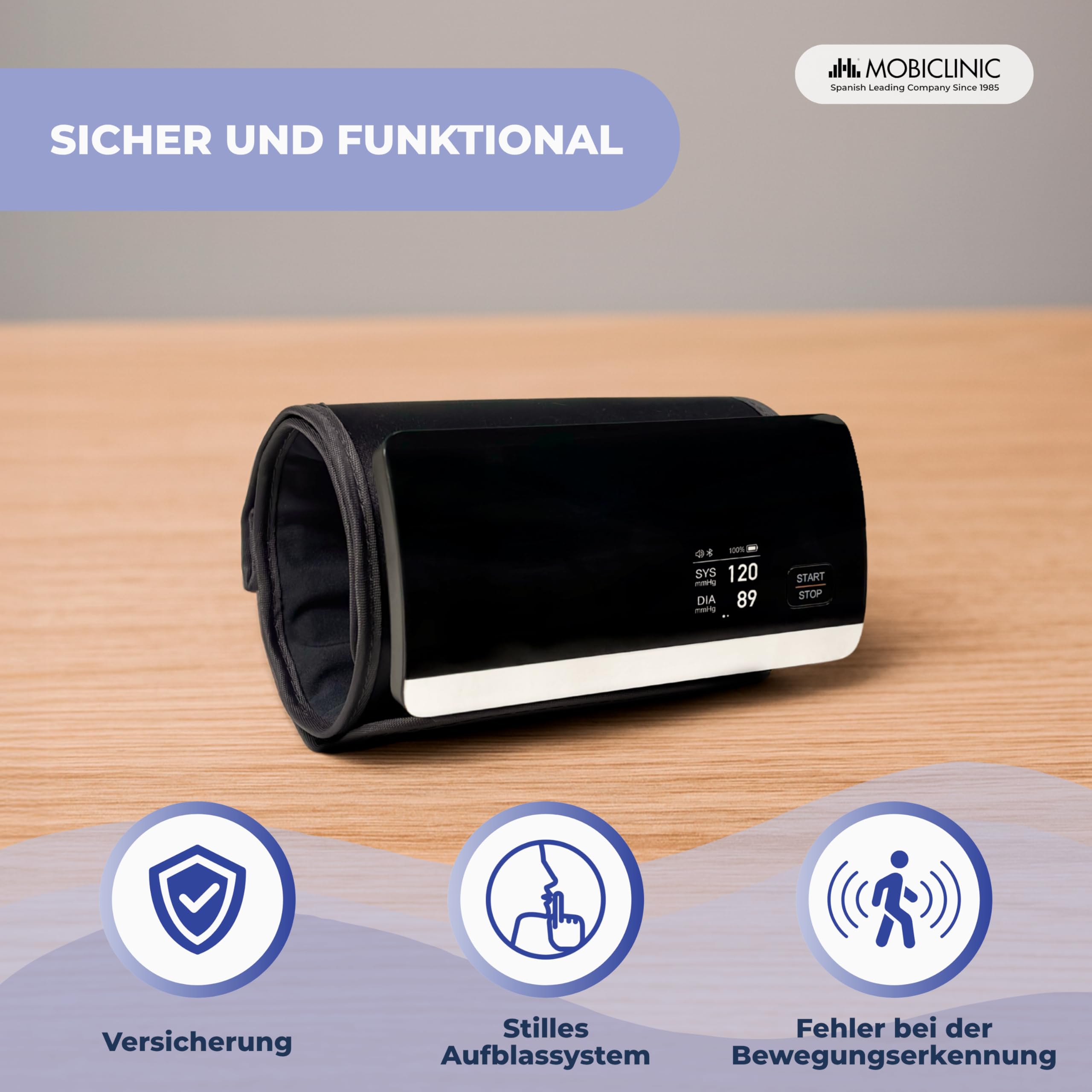 Mobiclinic®, Blutdruckmessgerät, Digital, Bluetooth- und APP-Verbindung, Sprachführung, 50 Speicherplätze, Bewegungserkennung, USB-Aufladung, Präzise, ​​Cardiomed