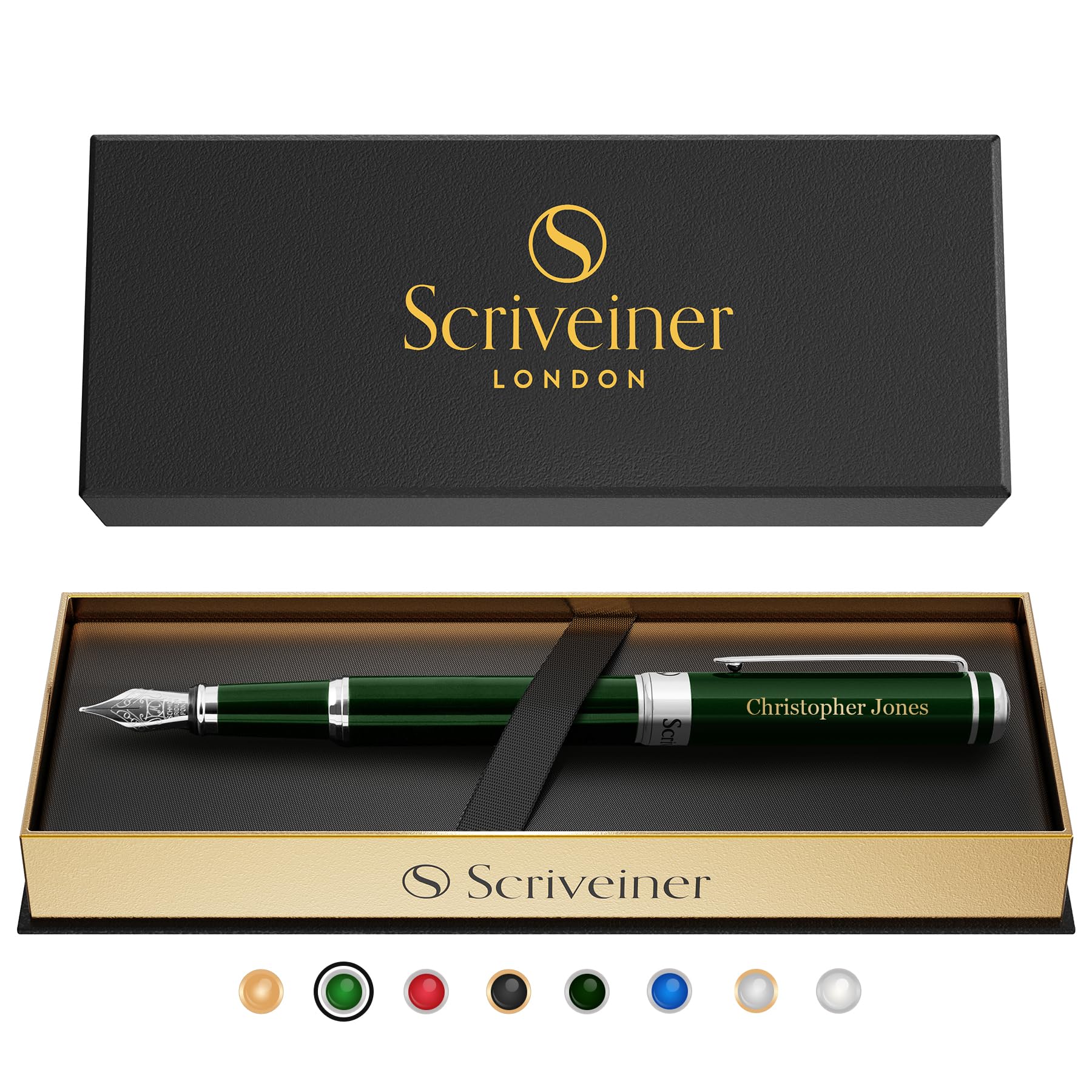 Scriveiner Personalised British Racing Green Pen - Stunning Green Lacquer Luxury Pen w/Chrome Finish, German Schmidt Nib (Medium), Best Engraved Fountain Pen Gift Set for Men & Women, Name Engraving — image 1