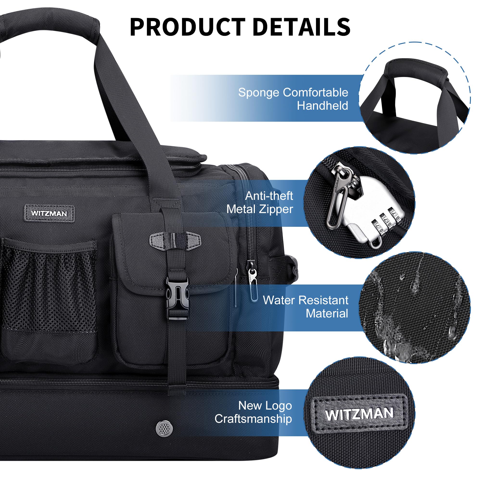 WITZMAN Reisetasche Herren 50L Weekender Gym Sporttasche mit Schuhfach | Nylon, Mehrere Taschen mit Nassfach, Konvertierbar, Große, Handgepäck Flugzeug, Für Reisen, Sport, Sauna, B723 Schwarz