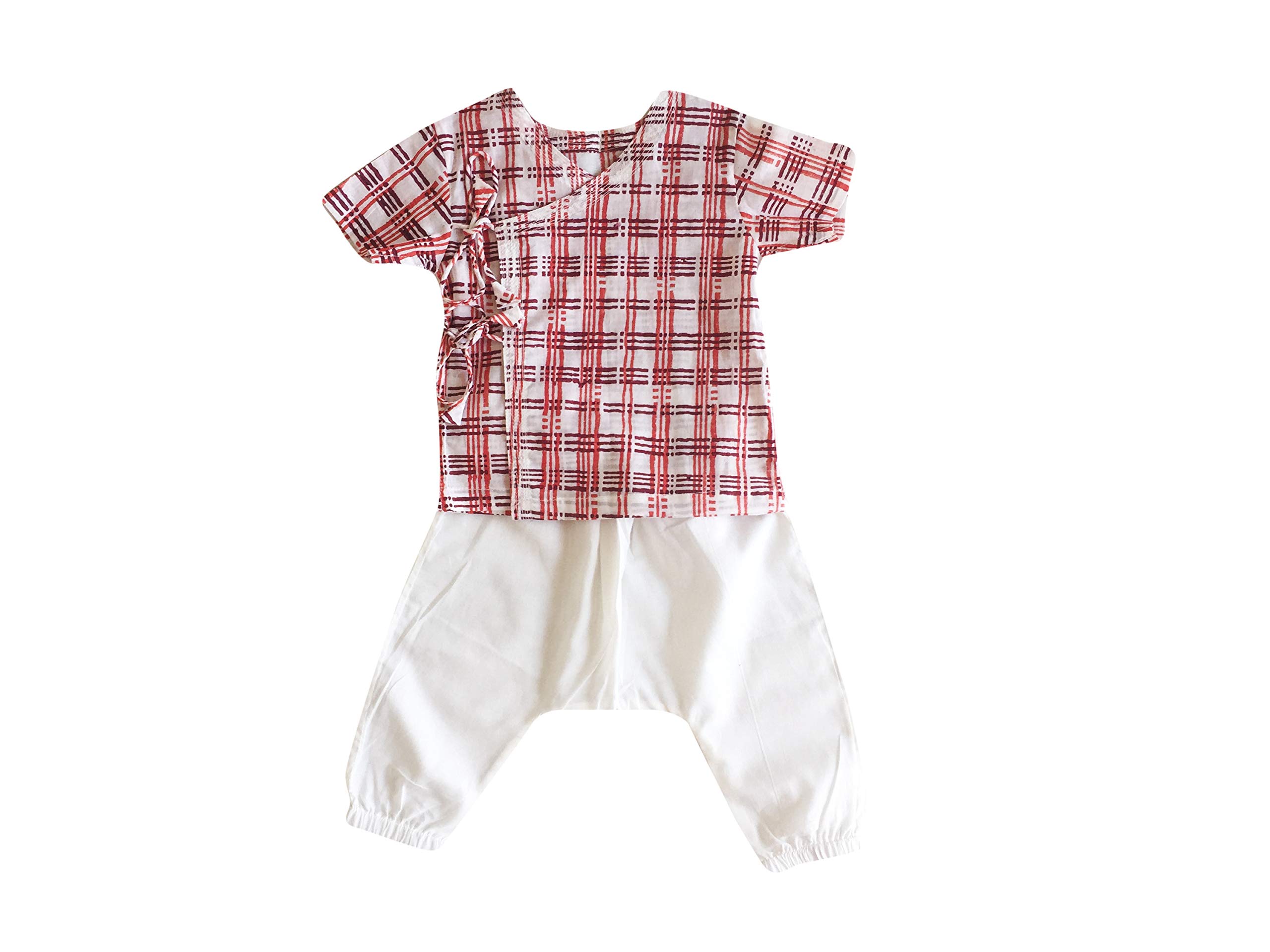 WhitewaterKids Checks Print Angrakha Top with White Pyjama Pants