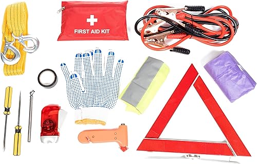 Miniatura 8 de Kit de emergencia para automóvil de asistencia en carretera, kit de primeros auxilios, cables de puente, correa de remolque, luz de flash LED, capa