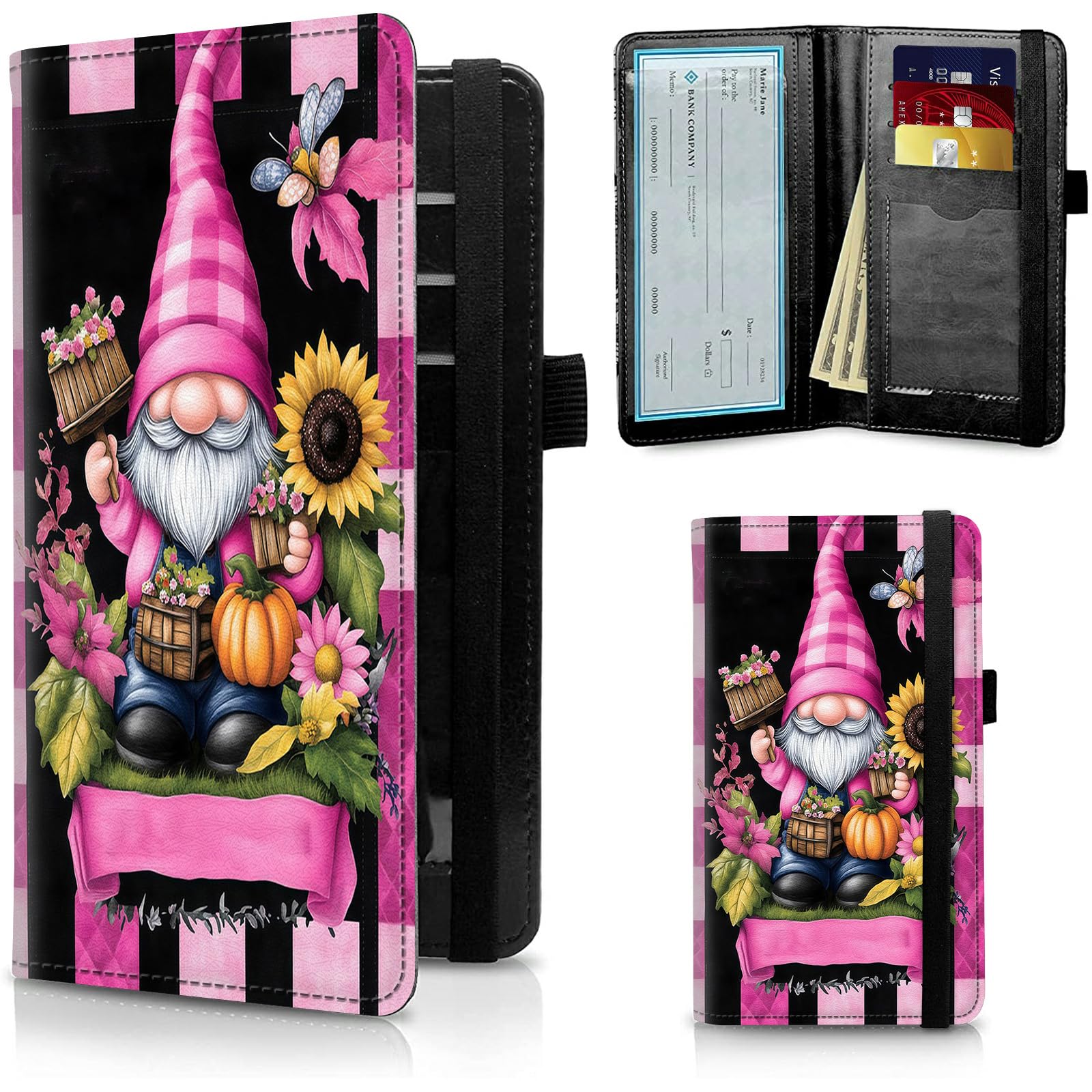 FUYOCWE Checkbook Covers for Personal Checkbook,RFID Blocking Leather Check Book Covers Wallet with Pen Holder &amp; Card Slot for Women Men -Pink Gnome Halloween