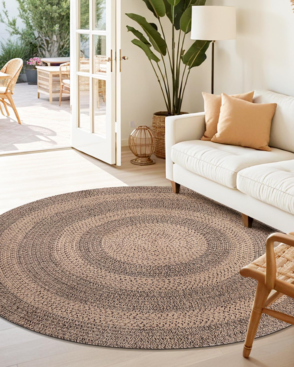 DEXI Round Jute Rug Natural Fiber 6x6, Braided Woven Area Rugs No Shed, Large Soft Neutral Rustic Carpet Mat for Indoor Outdoor Patio Dining Living Room Bedroom Farmhouse, 6ft, Brown