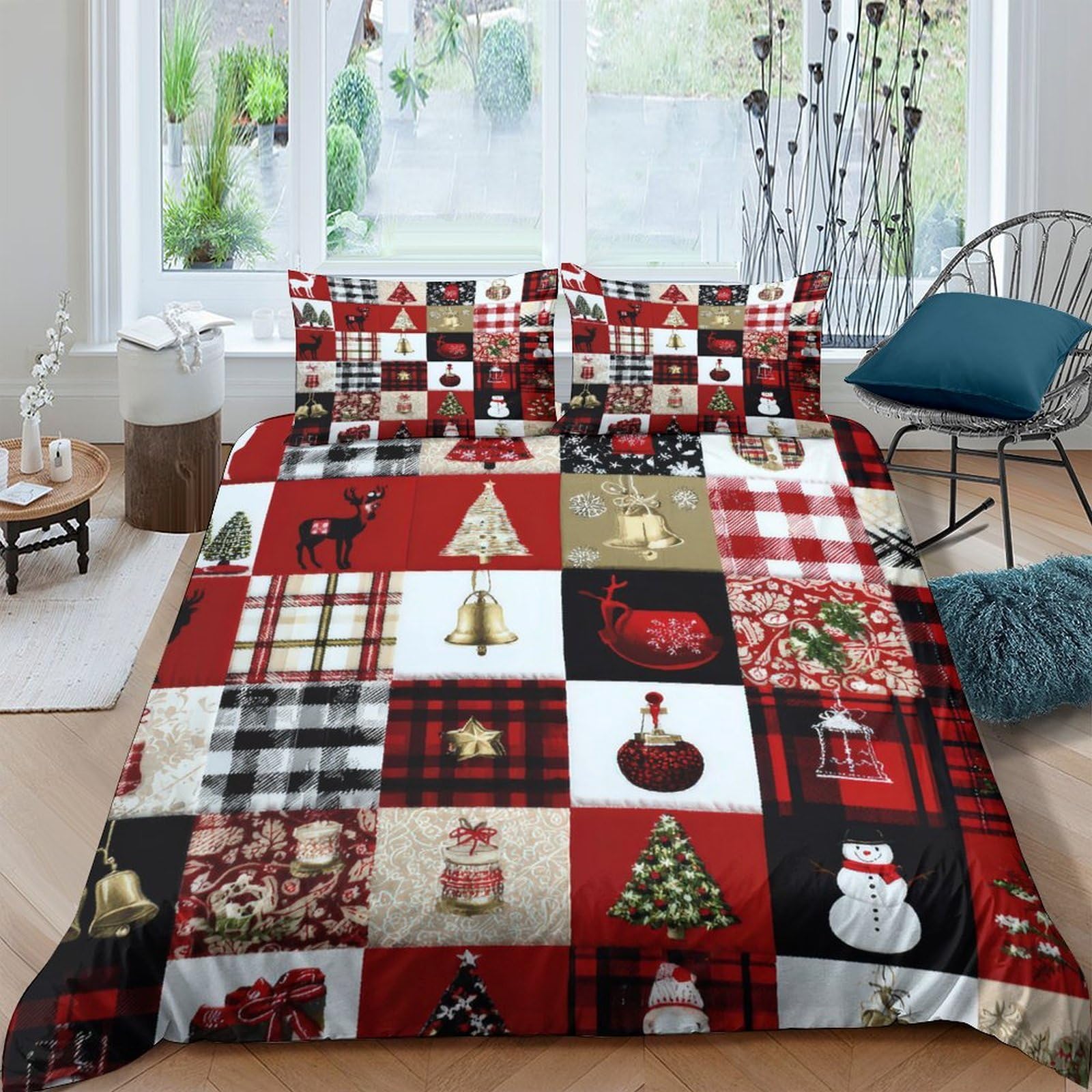 Unrxjzlvm Style-8 Christmas Patchwork Duvet Set Red Microfiber Student Home