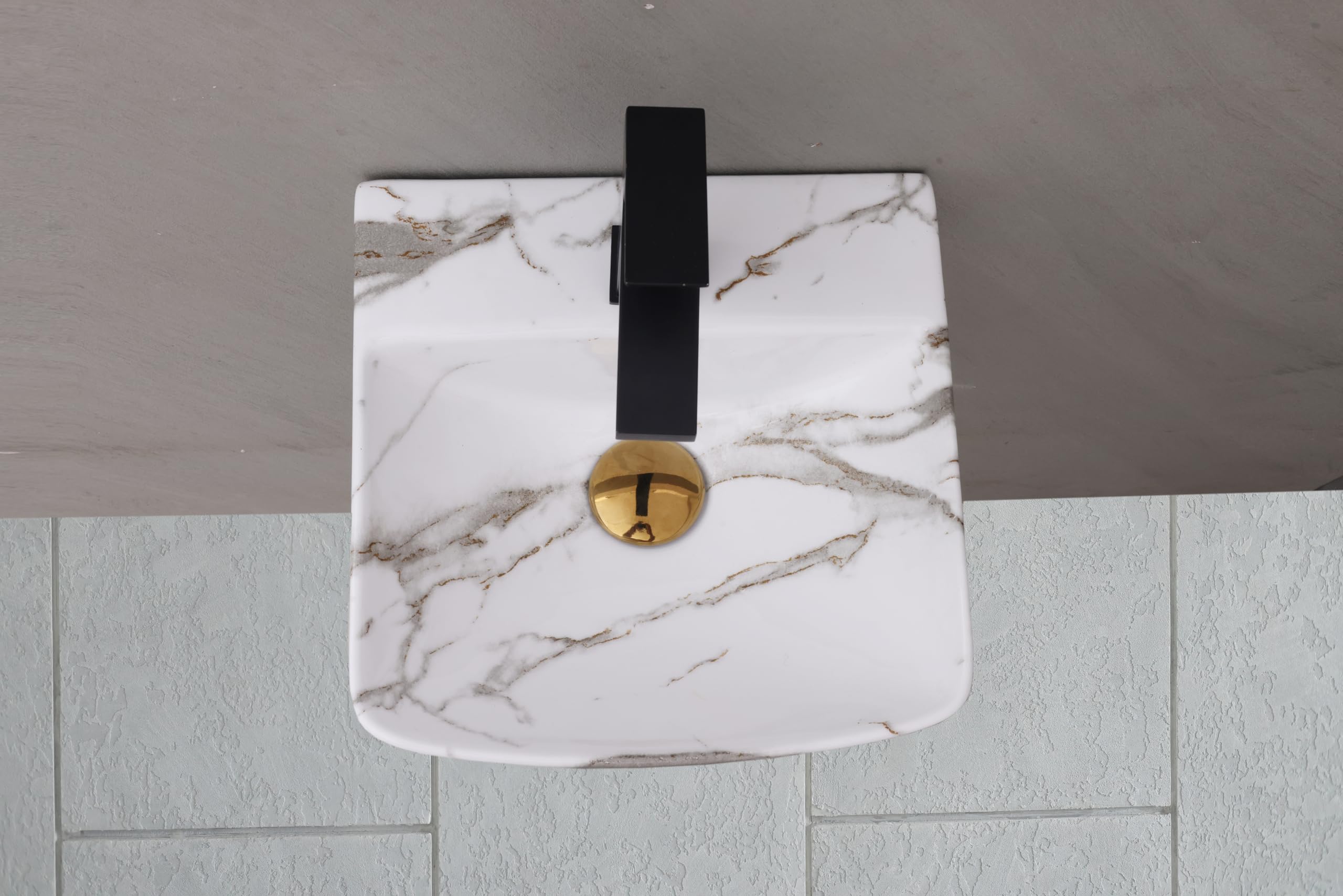 HISRE Wall Mount Wash Basin 13"x13"x5" | White Grey Marble Finish Ceramic Sink | Modern Rectangular Bathroom Basin for Home, Office & Hotels, photo 2 of 5