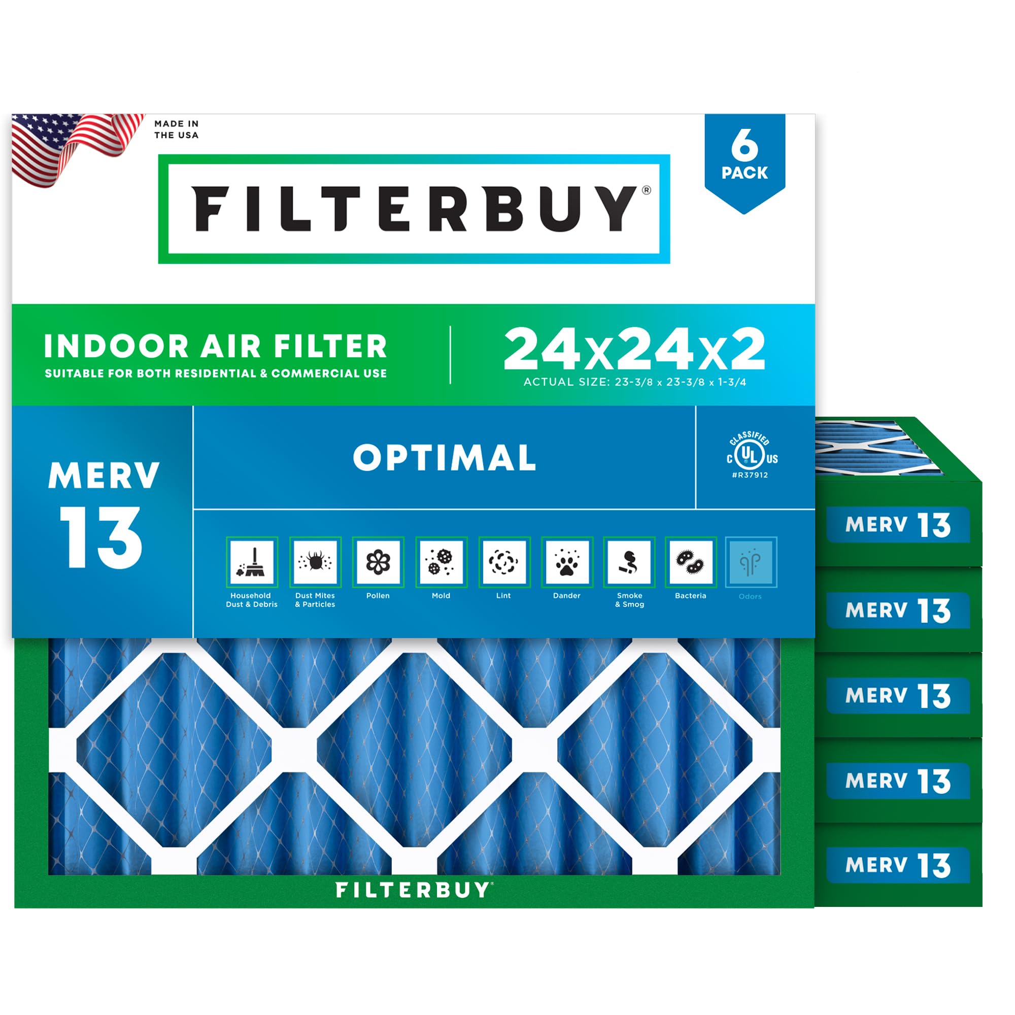 Filterbuy 24x24x2 Air Filter MERV 13 Smoke &amp; Allergy Defense (6-Pack)