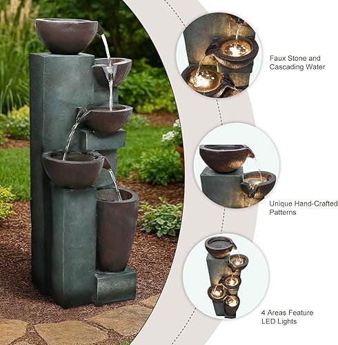 Miniatura 4 de Naturefalls Fuente moderna para exteriores de 39.7 pulgadas, característica de agua de resina de 5 niveles, fuente de cascada de jardín para Gris