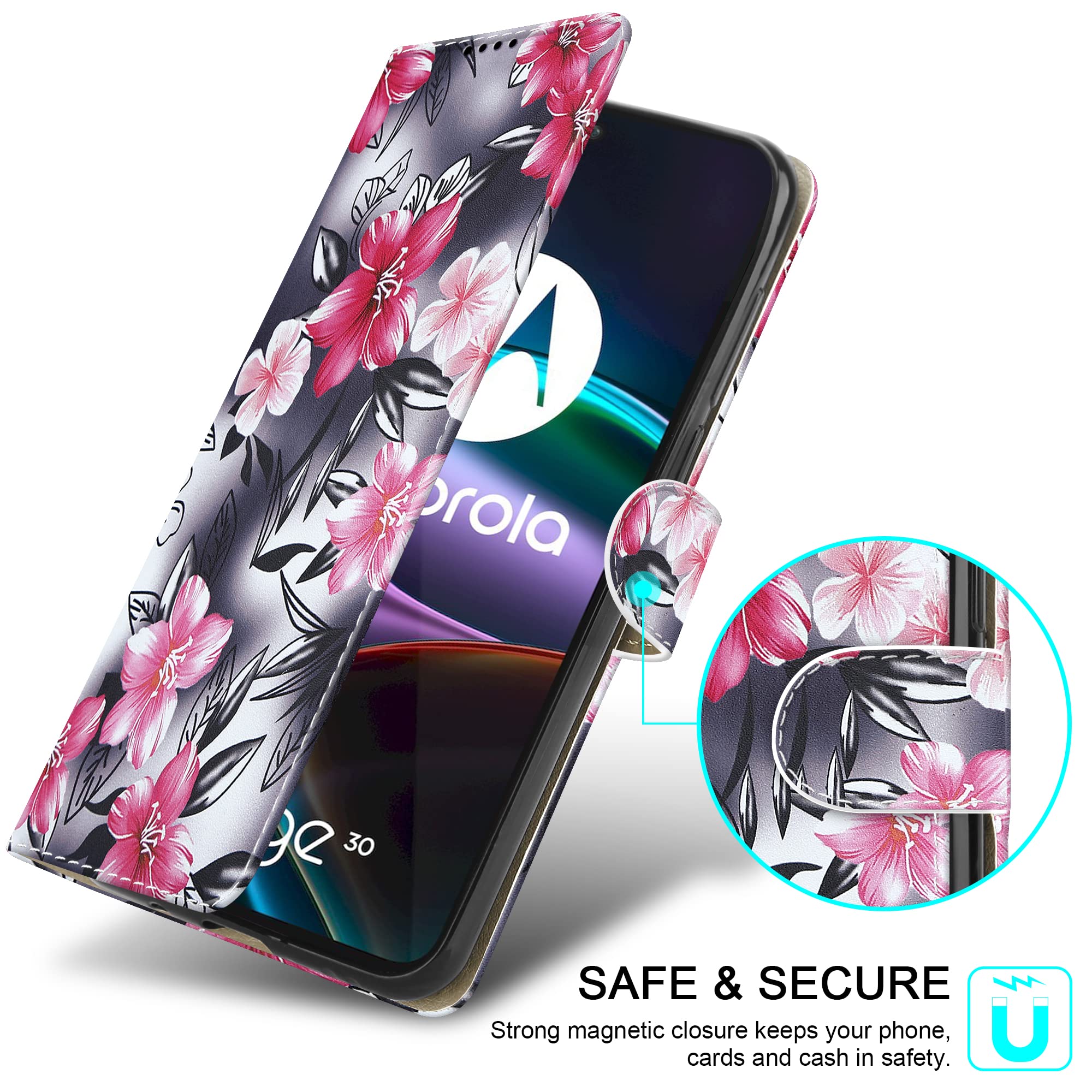 Custodia A Portafoglio In Pelle Per Motorola Edge 30 5G – Con Chiusura Magnetica, Slot Per Carte, Cavalletto, Rosa