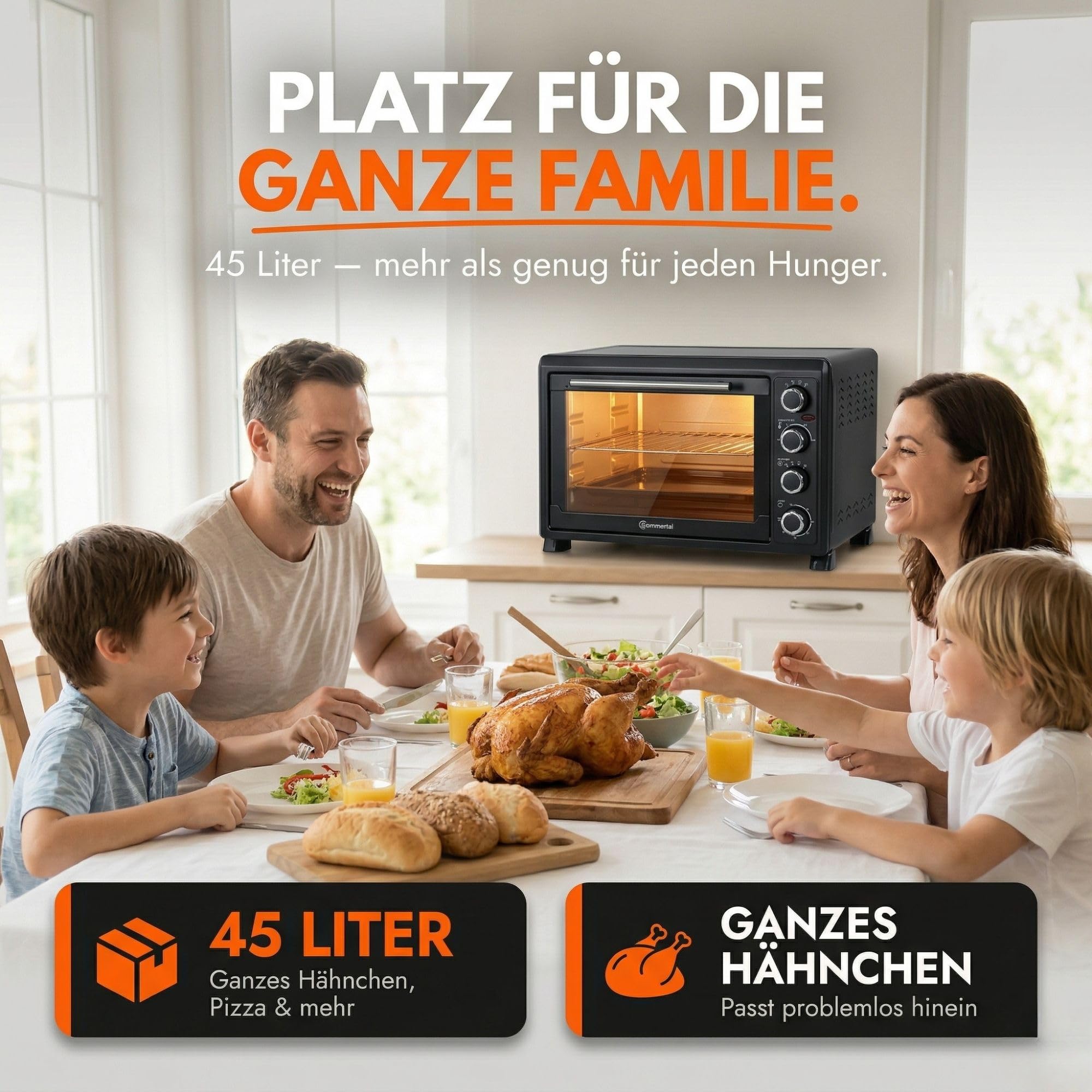 Sommertal Minibackofen 45L mit Drehspieß & Umluft, 2000W, 100–230°C, 60 Min Timer, Hähnchengrill Backofen, Mini Backofen 45 Liter mit Konvektion, Backen, Grillen & Pizza, inkl. 7-tlg Zubehör