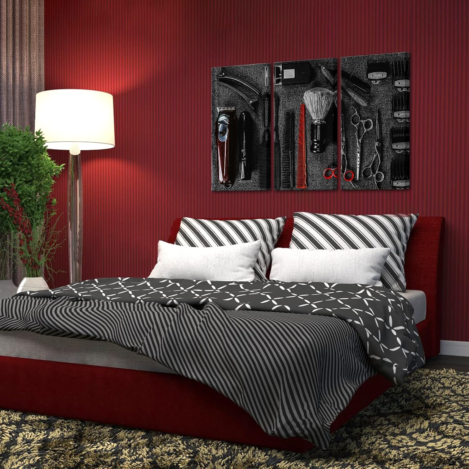 RnnJoile 3 Piece Barber Wall Art Salon Hairdresser Tools Painting Prints on Canvas Black and Red Haircut Accessories Artwork for Beauty Room Bathroom Living Room Decor Framed Gift for Hairstylist