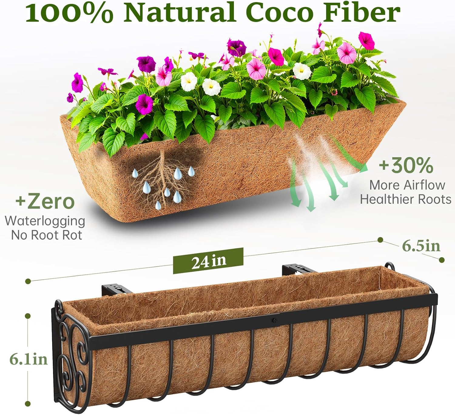 VOXOR Railing Planter Boxes, 24 Inch Window Boxes Planters, Balcony Planters with Adjustable Brackets & Coco Liner & Support Rod for Outdoor Fence, Deck, Porch, and Patio Gardening, 2 Pack