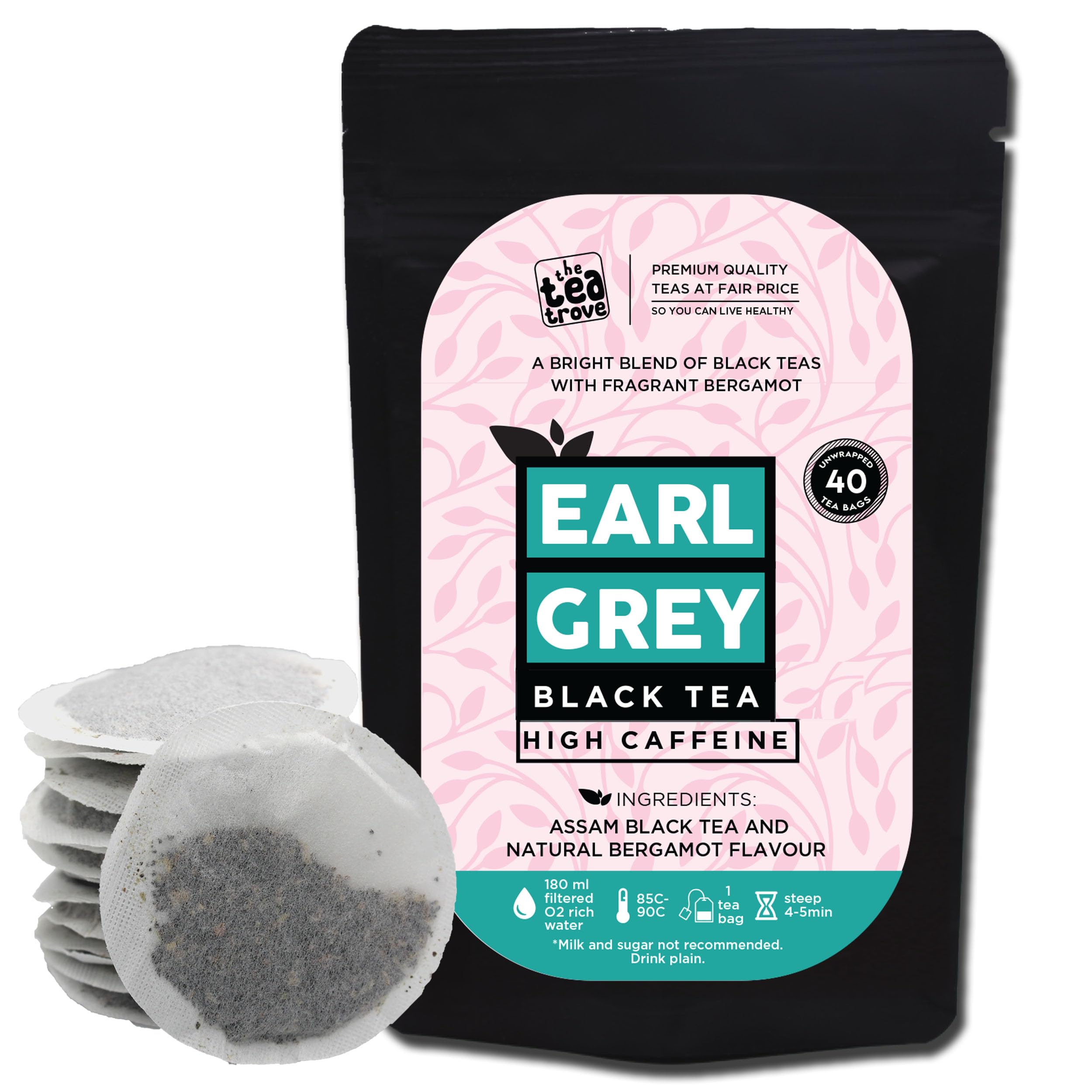 Earl Grey Tea Bags - 40 Eco-Friendly Earl Gray Black Tea Bags in Resealable Pouch, Natural Bergamot Flavor Blended with Fine Assam Black Tea, Highly Caffeinated Bergamot Tea, 80g