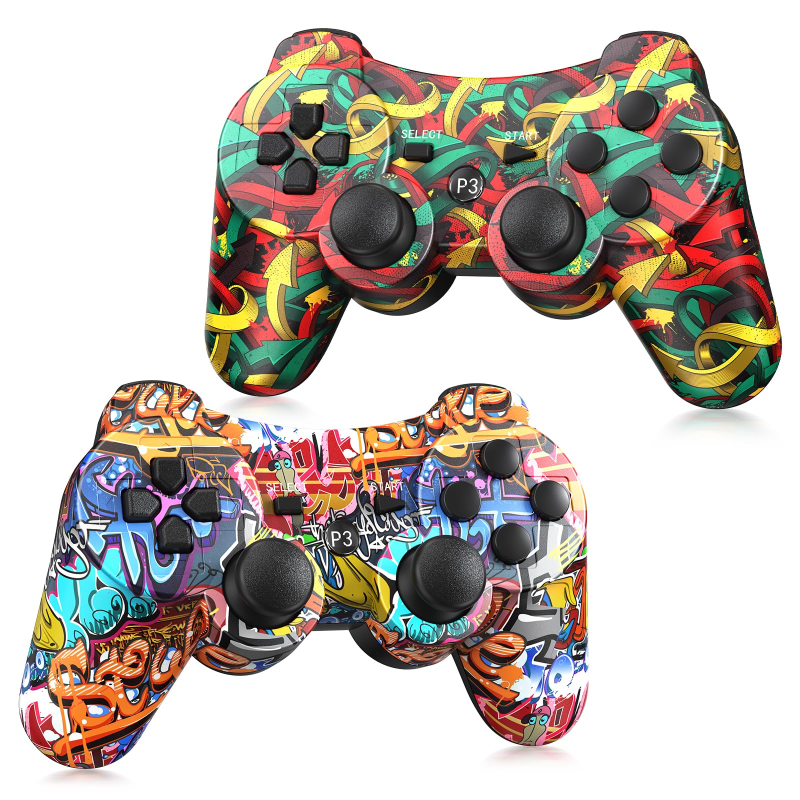 Yinjie PS3 Controller, Wireless PS3 Controller 2 Pack, Built in 800mAh Large Capacity Battery, with 2 USB Cables, Perfect Replacement for Sony Playstation 3 Controller, Graffiti Style