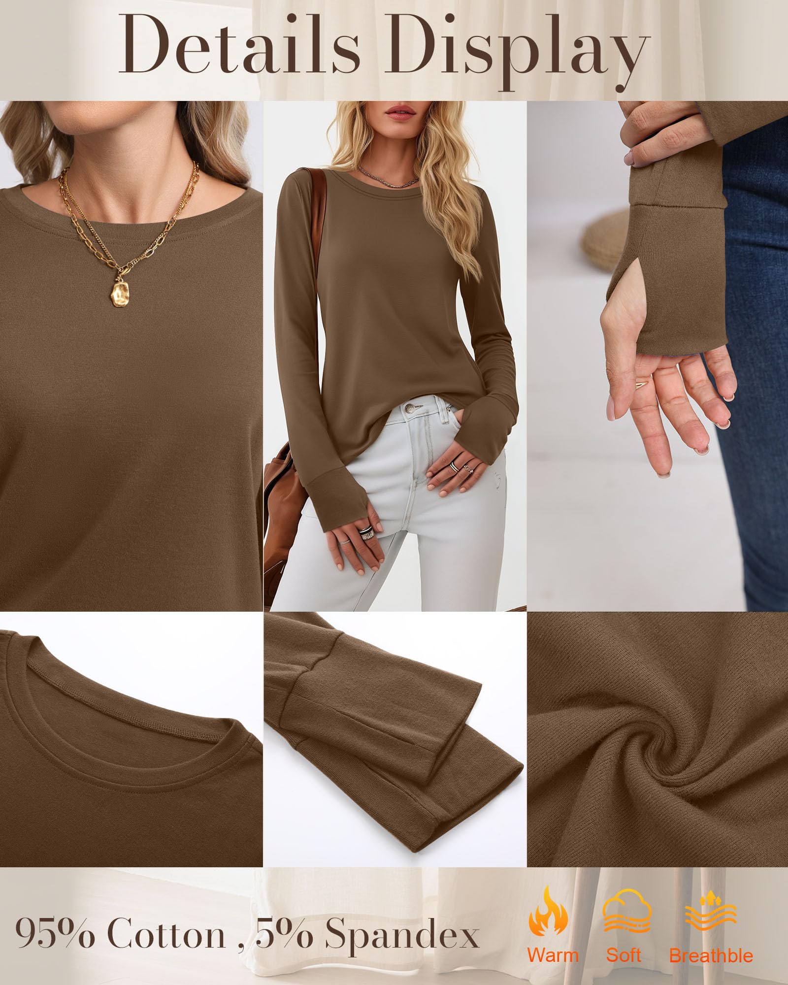 Geyoga Pack de 3 Camisetas de Manga Larga para Mujer con Agujeros para Pulgares, Túnicas Holgadas Informales de Algodón