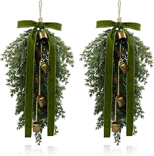 2 Pcs Christmas Teardrop Swag with Bell & Velvet Bow, Cedar Door Swag Teardrop Wreath Artificial Cedar Pine Needle Hanging Garland Greenery for Outdoor Window Front Door Mantle Fireplace Decor (Green)