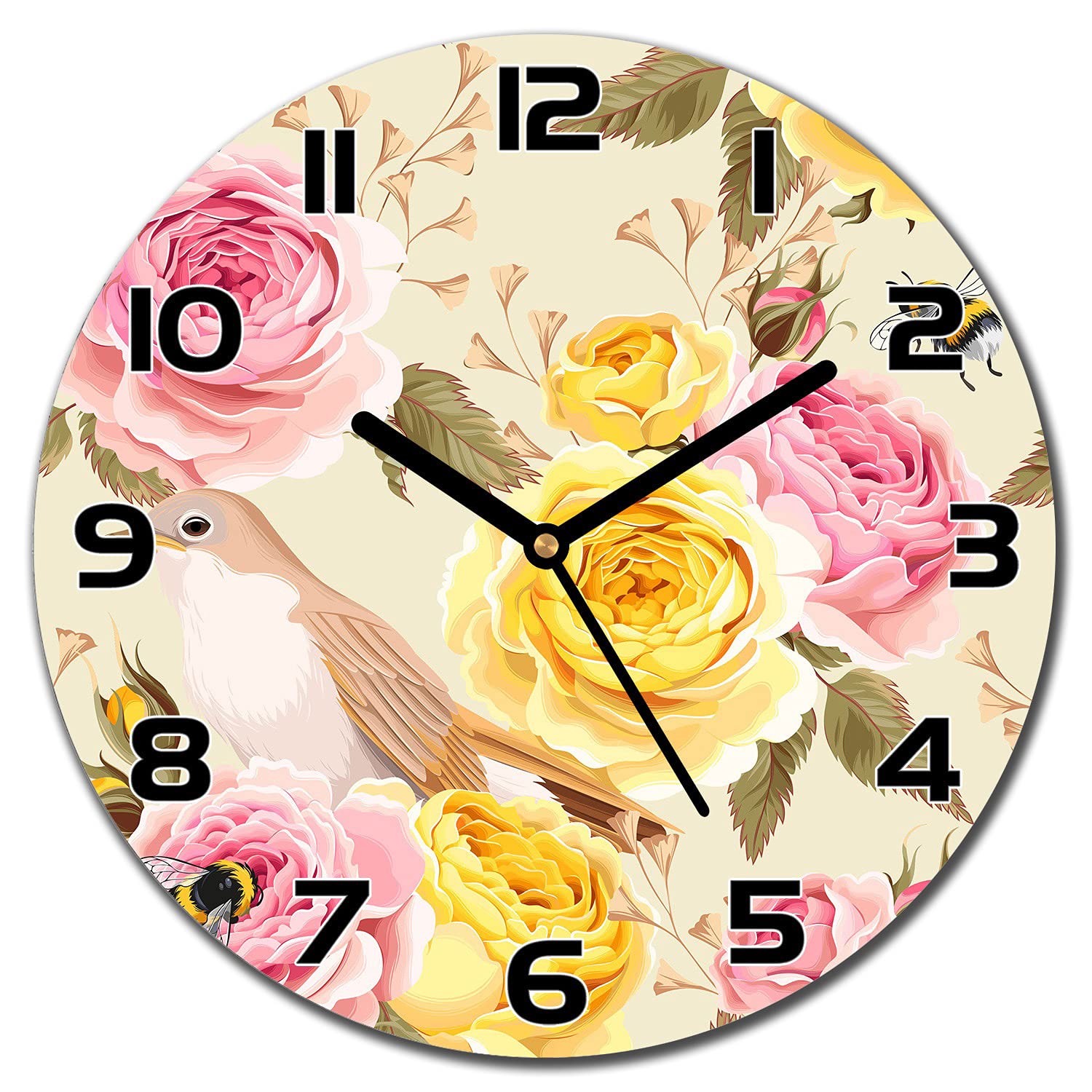 Horloge en verre lisible aiguilles noires pour decor floral de cuisine